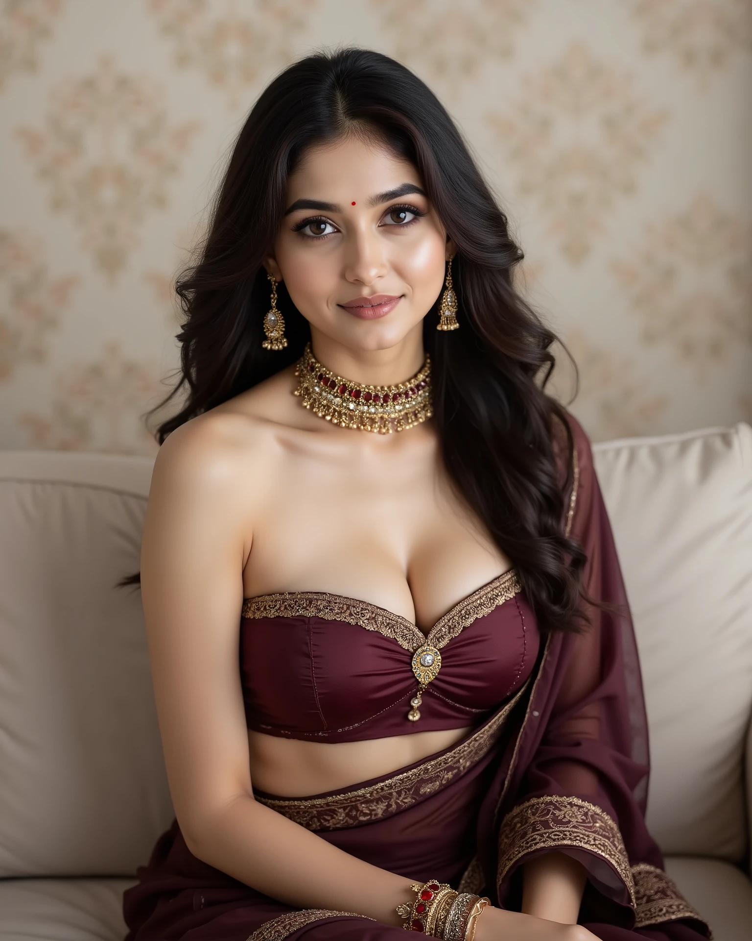 anaswarasdxl, Full body image of a 20 year old Indian girl with smiling look, fair skin tone, light grey eyes, fox eyelashes, thin eyebrows, black eye liner, silver eyeshadow, natural blush, and red lipstick. Her hairs are long, brown, wavy and stylish. She is wearing a sensual, modern interpretation of a saree: a strapless, burgundy blouse with a central golden accent, and a matching draped fabric in deep brown with a broad golden patterned border. The jewelry include a heavy gold choker necklace with burgundy stones, matching earrings and simple gold bangles. She is sitting on an ivory sofa, leaning slightly forward and to the side, looking directly at the camera with an intense gaze. The pose emphasizes her midriff and the flowing fabric. The background is a simple, cream wall with a subtle, faintly colored traditional wallpaper pattern. Photorealistic, ultra realistic, detailed skin, soft lighting, ultra-detailed textures, 8K resolution, masterpiece.