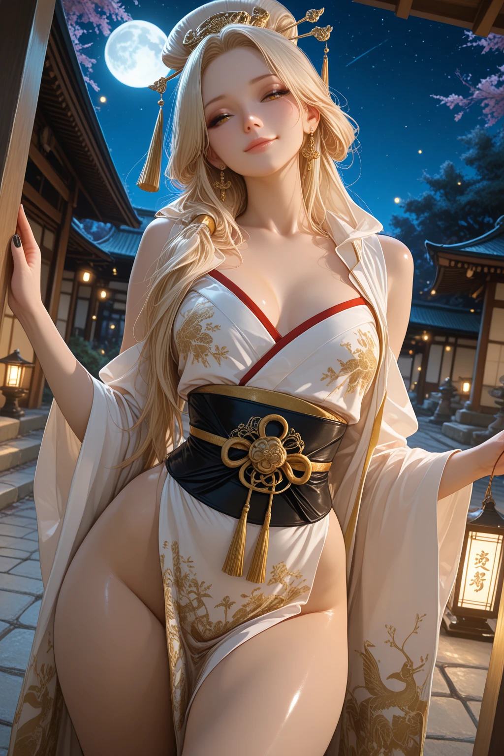 ((Backshots))，((on  back))、(NSFW)、((Turn your buttocks))、copulation OK、((Open your legs))、20yr old、((One of the poses of a  model with protruding .5)), (( model pose with  sticking out))、(From below, focus on the :1.3), (Cowboy Shot),　Pose showing your  to the screen、 ((big butts))、((Big ass))、(Sexy round big ass)、((Underwear that digs into the buttocks))、((A smile))、looking down at viewer,，（in the darkness nigth：1.6），Surrealist portraits of women by David Hockney and Alphonse Mucha，((Upper body ))、( Exposed)、((Japanese garden))，Fantasyart，((Blonde long wavy hair))、((Gold and black  Japan kimono))、photographrealistic，动态照明，art  stations，poster for，Volumetriclighting，extra detailed face，4 k''，((Colossal tits))、Beautifully embroidered award-winning gold and black  Japan kimono，With diamonds，Sexy thighs，Decorated with fine embroidered dress costumes and fine jewelry，exposing the abdomen , 1 Girl, In the Dark, deepshadow, low tune, Cowboy Shot,(official clothing:1.4), The eyes are confused and seductive，legs separated