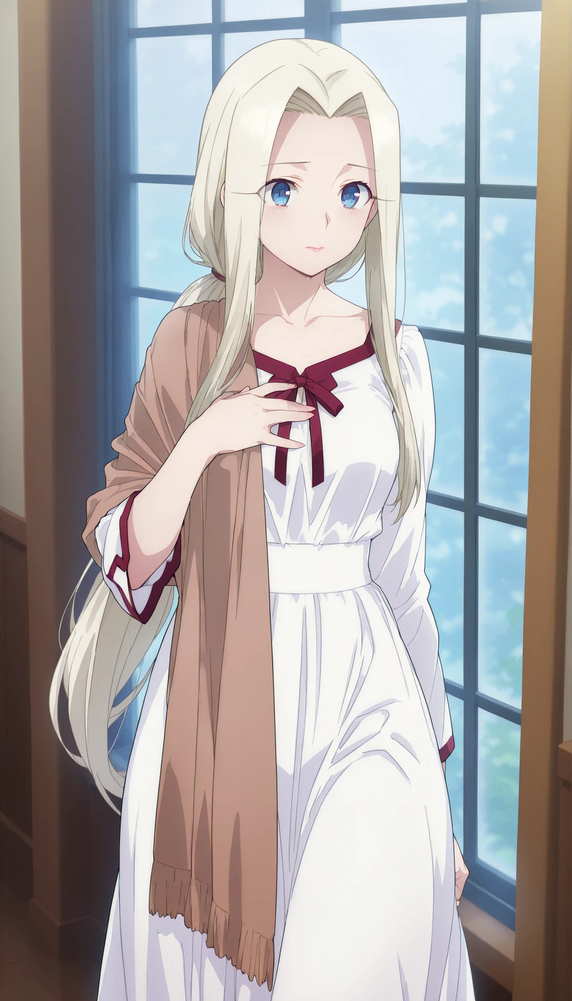 Irisviel von Einzbern, an extremely beautiful gorgeous woman with forehead-parted yellow-blonde hair tied in a simple low ponytail, big blue eyes, plump glossy pink lips, extremely fair white glowy skin, slight plump breasts, a small waist, and a perfect slender body. She's wearing a long ankle-length white dress with a high square-neck collar and long attached full sleeves, and a separate long brown shawl draped over the dress. She's standing by the window, soft worried expression, one hand on chest, ponytail on one shoulder, and is in a wooden cottage. Show her head to knee closeup only, proper middle-waist level view, SOLO, and super creative hyper-detailed.
