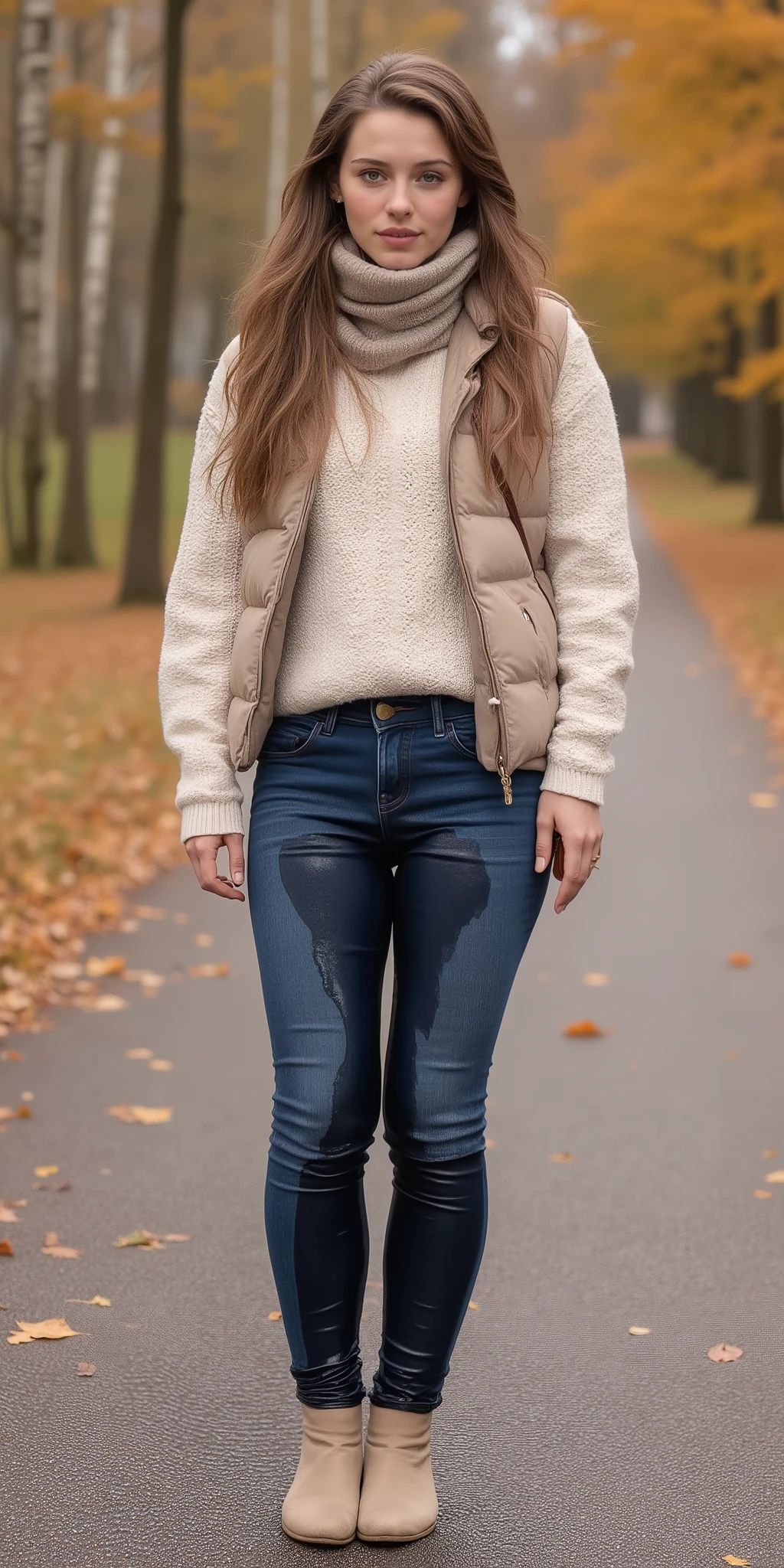 peed, large water stain, 1girl, 8k high resolution, best quality, 20-year-old Norwegian woman, long wavy light brown hair, smooth forehead, soft hazel eyes, fair skin with rosy cheeks, slim toned body, B-cup bust, cream cable-knit sweater, dark blue high-rise skinny jeans with wide spreading water stain, darkened wet denim from waist to hem, fabric clinging to legs, visible moisture sheen, dripping at cuffs, light brown ankle boots slightly damp at edges, beige padded vest, woolen scarf in muted earth tones, small leather crossbody bag, minimal gold earrings, light natural makeup, casual cozy Scandinavian style, outdoor park path, golden and orange autumn leaves on ground, birch and maple trees with colorful foliage, cool October breeze, overcast daylight, warm atmospheric fall scene, tense posture, realistic soaked clothing effect.