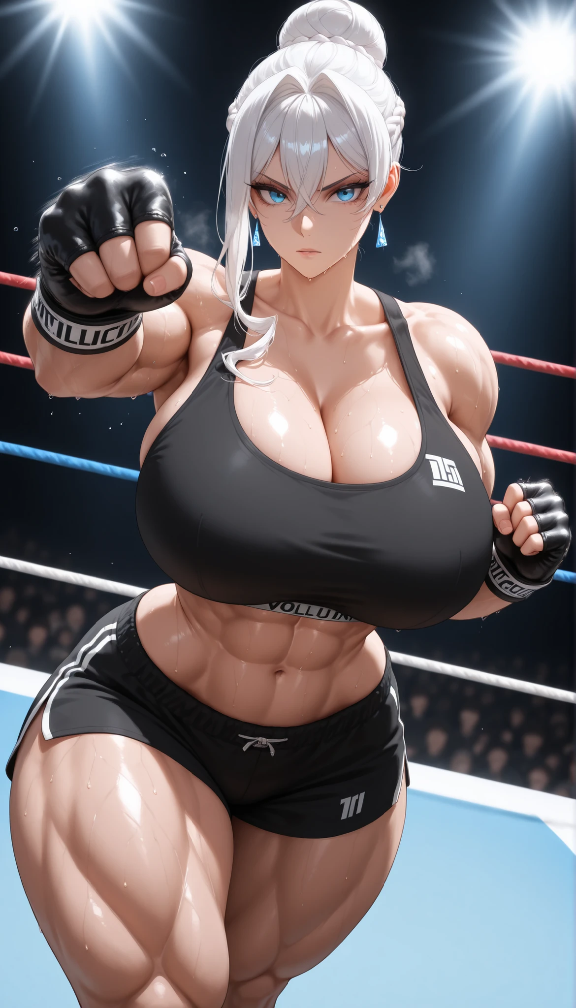 white hair, long hair, braid, braided bun, single hair bun, hair between eyes, blue eyes, 1girl, solo, earrings, jewelry, collarbone, looking at viewer 
fingerless gloves, black gloves, , thick muscular thighs, wide curvy , voluptuous body, Curvy body, thicc woman, wearing sports bra and shorts, sweating, earrings, collarbone, front view, in boxing ring, punching towards camera, dynamic angle 