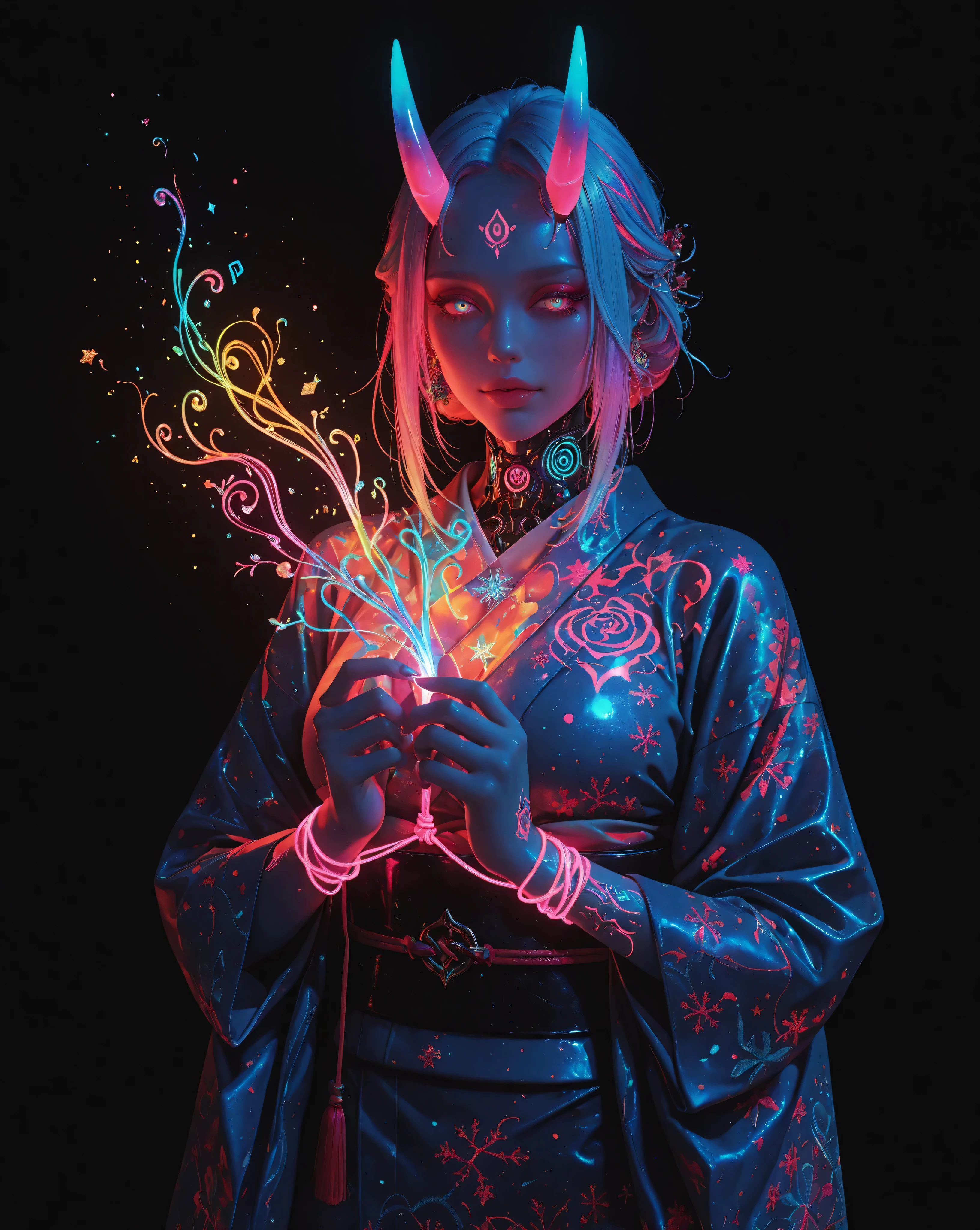 babe,oni,kimono,tattoo,Christmas, 3dreal, 3d, realistic,neon_art, neon_lineart, colorful_neon_lineart, neon_silhouette, silhouette, neon_colors, glowing, glow_effect, bright_outlines, vibrant_colors, high_contrast, black_background, digital_art,miaomiao_liulifa,,3d, beautiful android woman tied up with glowing music notes