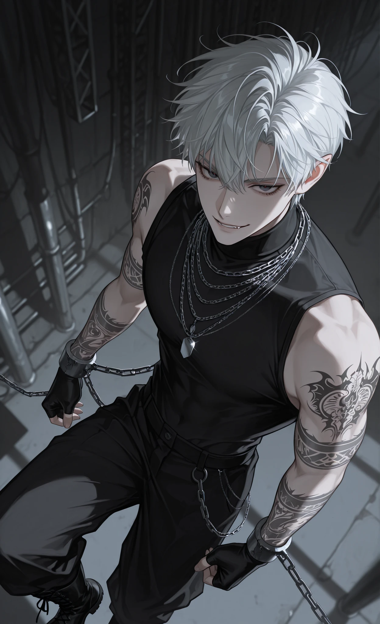 moody lighting, dramatic shadows, bloom lighting, colored shadows,(masterpiece, best quality, ultra-detailed:1.3), anime style, dark edgy aesthetic, stylized art, clean lines,
1male, pale-skinned, (white spiky hair), (alluring expression), slight smirk, dark eyes, (vampire-like appearance),
(shackled in silver chains:), (bound by intricate silver chains), (silver restraints on wrists), (chains encircling torso),
wearing: (black sleeveless turtleneck), black baggy pants, combat boots, fingerless gloves,
(heavily tattooed arms), intricate tattoo designs,
seated with legs crossed, hands resting on thighs, (low angle perspective),
background: (blurred desaturated gray), (industrial chains hanging from above),
soft diffused lighting, subtle shadows,
color palette: (blacks grays whites), silver accents,
captive, dark fantasy, supernatural, gothic atmosphere