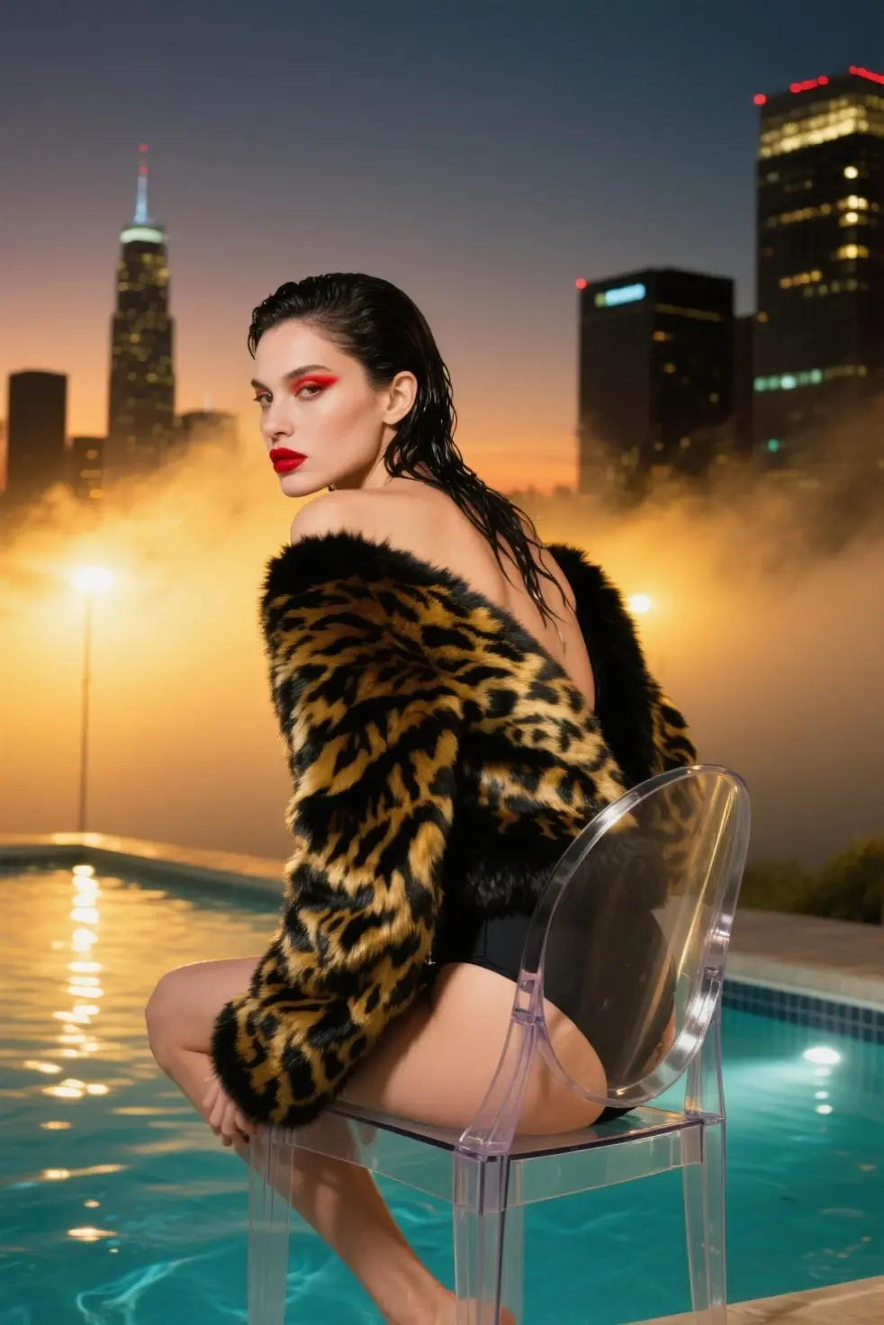 cores desbotadas, pele altamente detalhada, skin imperfections [Sardas] [[[pintas]]], filmic grain, Fujifilm Polaroid Kodak |, soft natural lighting, Desaturated soft color gradation, Foco suave, (Ousadia glam ) ,(European:2), Woman, georgious bonito , (Peitos grandes:1.2), corpo inteiro, Tampos de corte em renda pura, Latex pencil skirts, Botas de salto alto, ((Correias de corrente cravejadas)), Messy pixie haircut, estrias de cabelo coloridas, (((jewelries))), sitting on the roof of a huge building, (((view of New York's central park at night)))