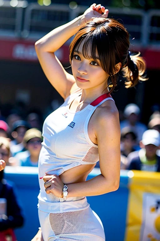 ((beach volleyball、abdominals、lowrise、thighs thighs thighs thighs:1.2))、(realisitic、Photorealsitic、Ultra-detail、Highest Details Skins、top-quality、​masterpiece、超A high resolution)、Realistic skin type、hi-school girl、simple background、Cute Japan person、17 age、younggirl、I have bangs、double eyelid、drooing eyes、Cute smile、Charming、purity、double tooth、View here、The wind is blowing、summer sunlight, pink tanktop, 