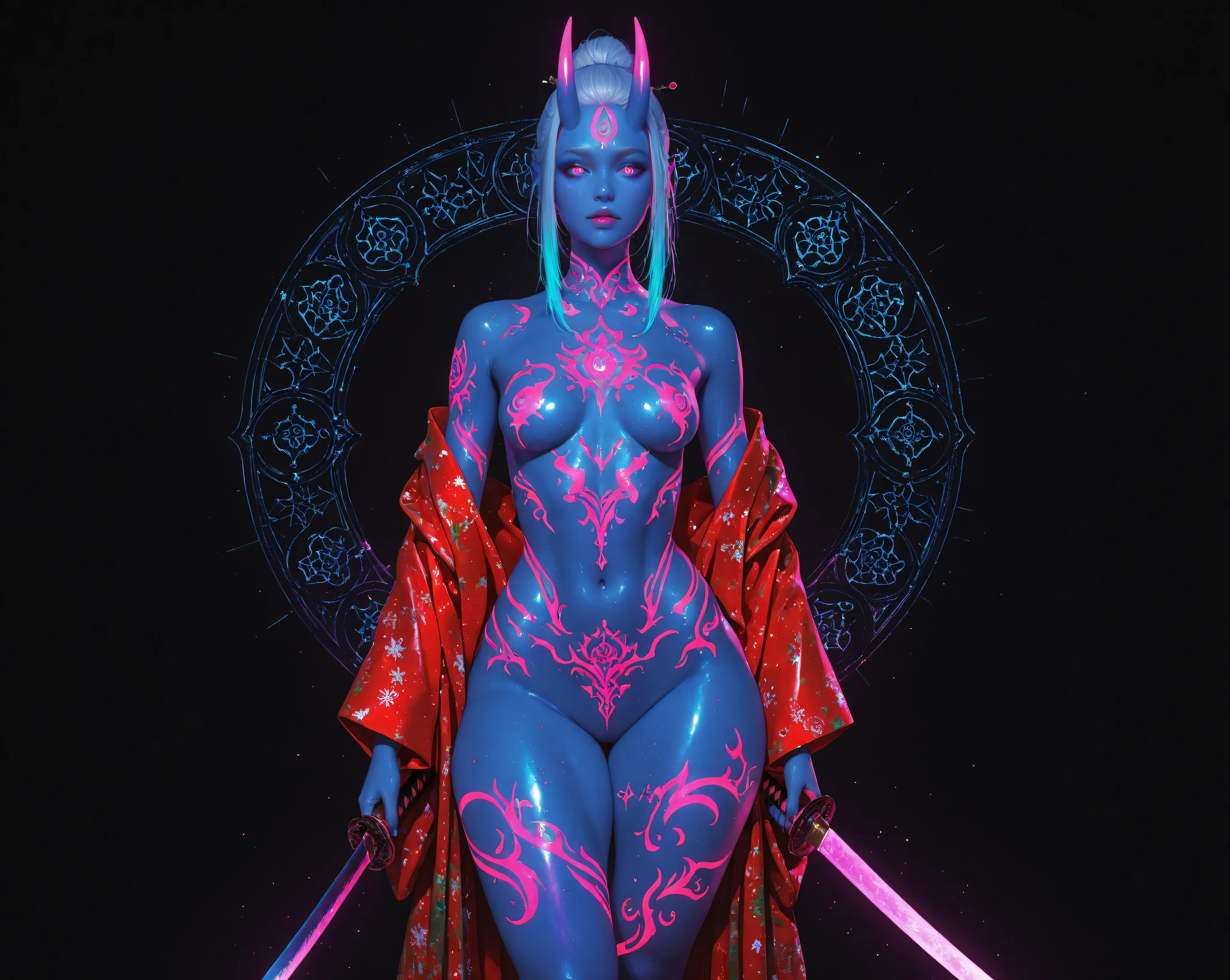 babe,oni,kimono,tattoo,Christmas, 3dreal, 3d, realistic,neon_art, neon_lineart, colorful_neon_lineart, neon_silhouette, silhouette, neon_colors, glowing, glow_effect, bright_outlines, vibrant_colors, high_contrast, black_background, digital_art,miaomiao_liulifa,,naked girl, small breasts, thick thighs, there is a katana between her legs like its her dick