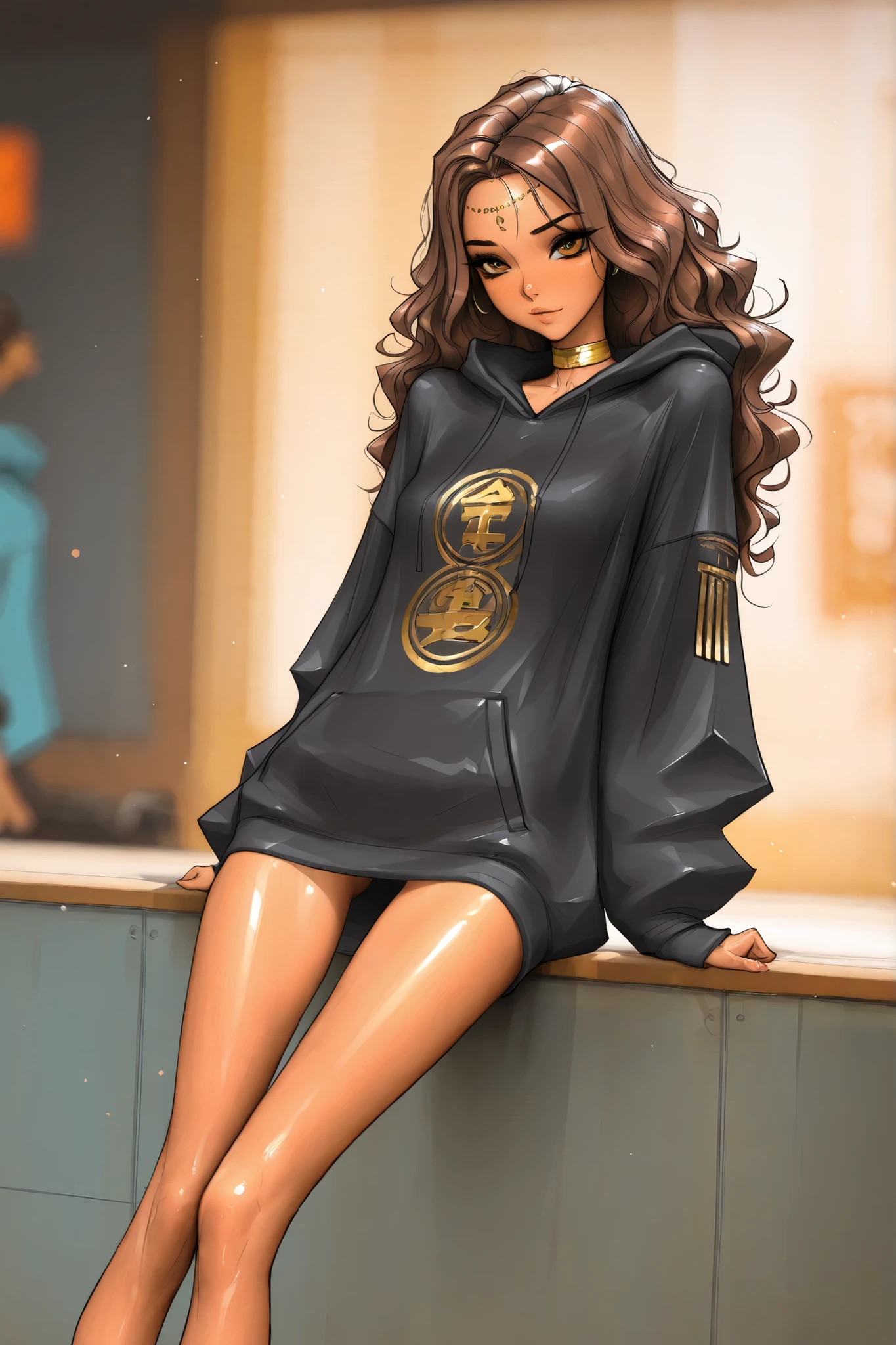 (dark-skinned_female:0.5), masterpiece, best quality, very aesthetic, movie quality, depth of field,soft saturation, focused subject, ,official style, shiny skin, long brown hair, curly hair, curls framing faces, voluminous hair, (dark-skinned female
), athletic body, shirow masamune, sam yang style, oily skin, , streamer, thot, wavy hair,, (slender body, long thin legs), gold choker, gold jewelry, , detailed eyeliner, (big eyelashes, oversized hoodie, forehead chain, naked underneath