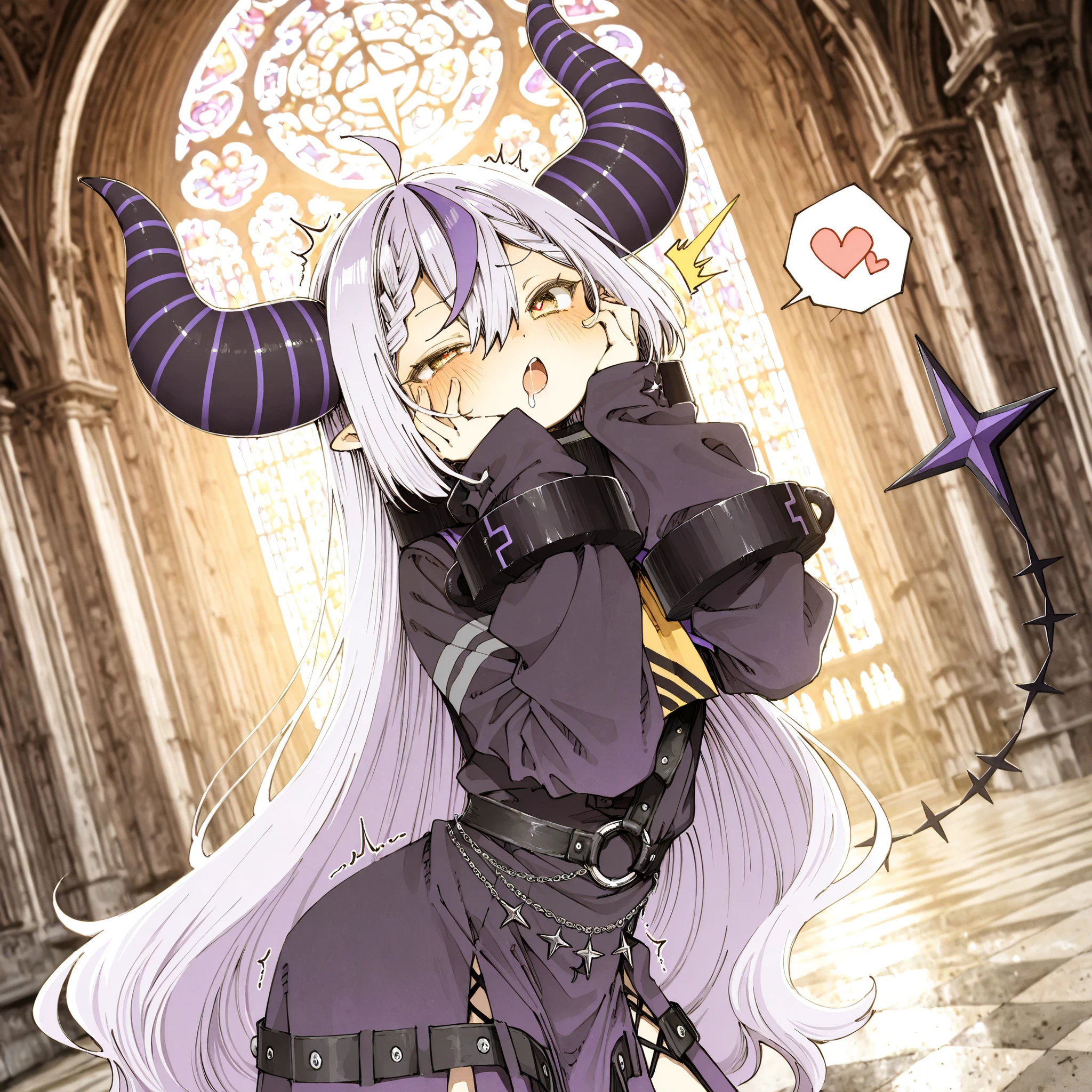 ((Abara Heiki style)), ((Laplus Darknesss)), ((Masterpiece)), ((best quality, amazing quality)), ((very aesthetic, absurdres, newest)), (backlighting), ((detailed background, negative space, blurry background, depth of field, Asymmetrical background)), (dynamic angle, from side, profile), ((1girl)), Cute young Girl, (Healthy Gaunt body, Textured skin, small , tilt head), (gold glitter eyes, gradient eyes, uneven eyes, heart-shaped pupils), open mouth, :o, blush, (torogao, face with raised eyebrow, furrowed brow), , drooling, mouth drool, , ((^^^, twitching)), (silky long hair), (hair between eyes, long bangs, long side bangs), ((hands on cheeks)), (cute cheeks), glossy lips, pouty lips, (lower eyelashes), black dress, sleeves past fingers, metal collar, purple coat, yellow ascot, sleeves past fingers, o-ring, (contrapposto, loose standing on the majestic cathedral, aged floor), indoor, graffiti black roses, (under the Opulent stained glass), dust in the air, (european architecture), ct_l4plus, distinct, (spoken big heart), 