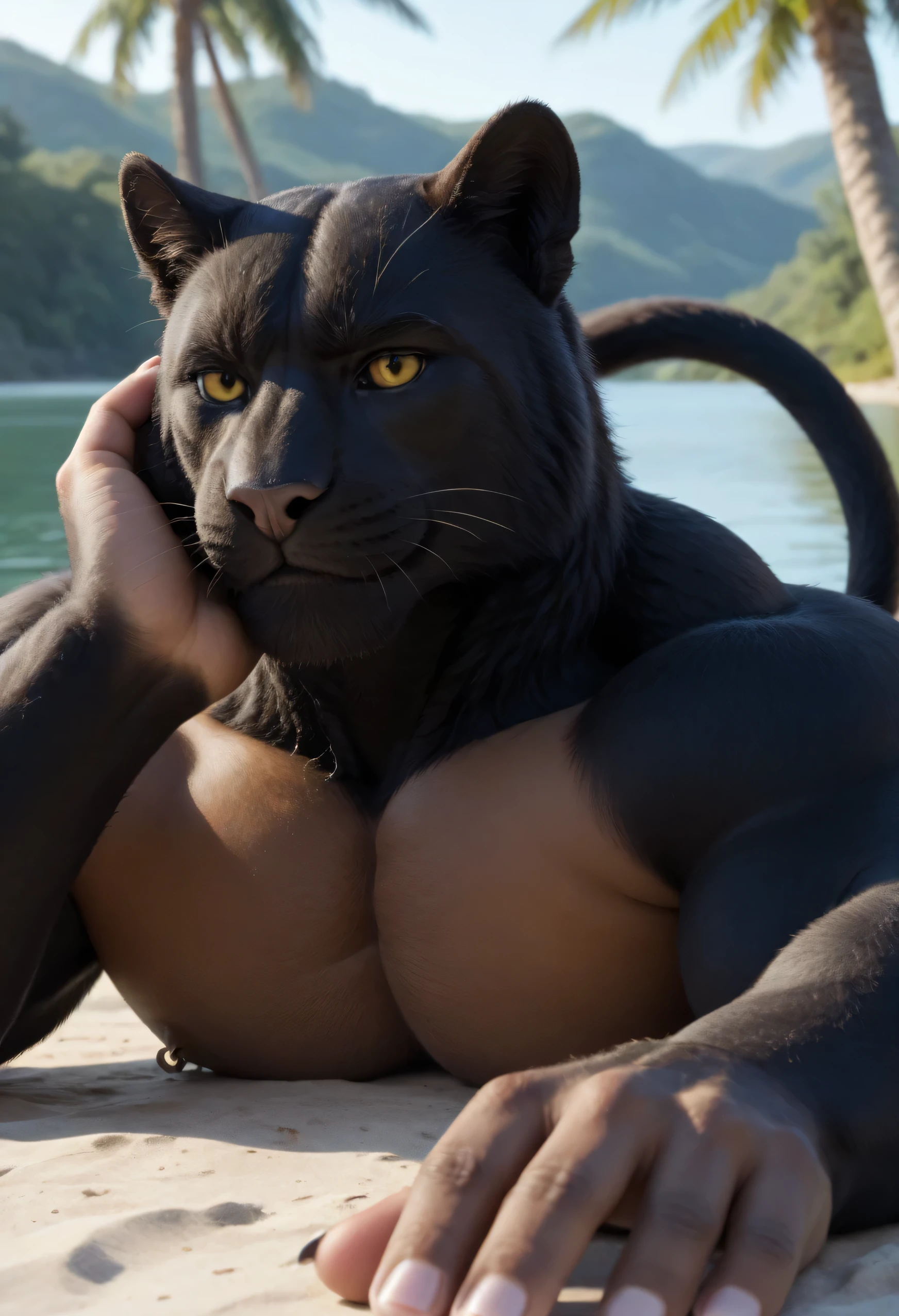 score _9, score _8_Up, score _7_Up, masterpiece, best quality, amazing quality, high quality, RAW photo, semi realistic, full body, Perfect Correct Anatomy. (furry), 1boy, Huge Adult Male muscular Feline Black Panther:1.6, Black Panther Fur:1.5, Black Panther Tail:1.5, Detail Fur:1.5, Huge Bulging veiny muscle, Huge bodybuilder physique, huge bulging pectoral, huge broad chest, huge Wide Shoulders, huge bulging abs, Huge wide back. (Realistic Detail Glowing Amber Eyes:1.4, emission strictly limited to pupils), Black Sclera:1.4, Realistic Detail Bara Feline Chiseled Male Handsome Rugged Black Panther Face, strong square jawline, chiseled cheekbones, tough appearance, Huge muscular butt. Nipple Piercings, ear piercings, rings, realistic human hands, (Natural palm color:1.2), (5 fingers), Realistic human feet, (5 toes), (Natural soles color:1.2), Black Claws, (huge size 25 feet), (10 feet tall). In a Realistic Rugged Rainforest near a lake, solo, (facing the viewer:1.5, front view:1.5), (lying on stomach:1.5), hand on his own cheek, focus face, close up face, smug smirk. Naked, Uncensored, Huge Bulge