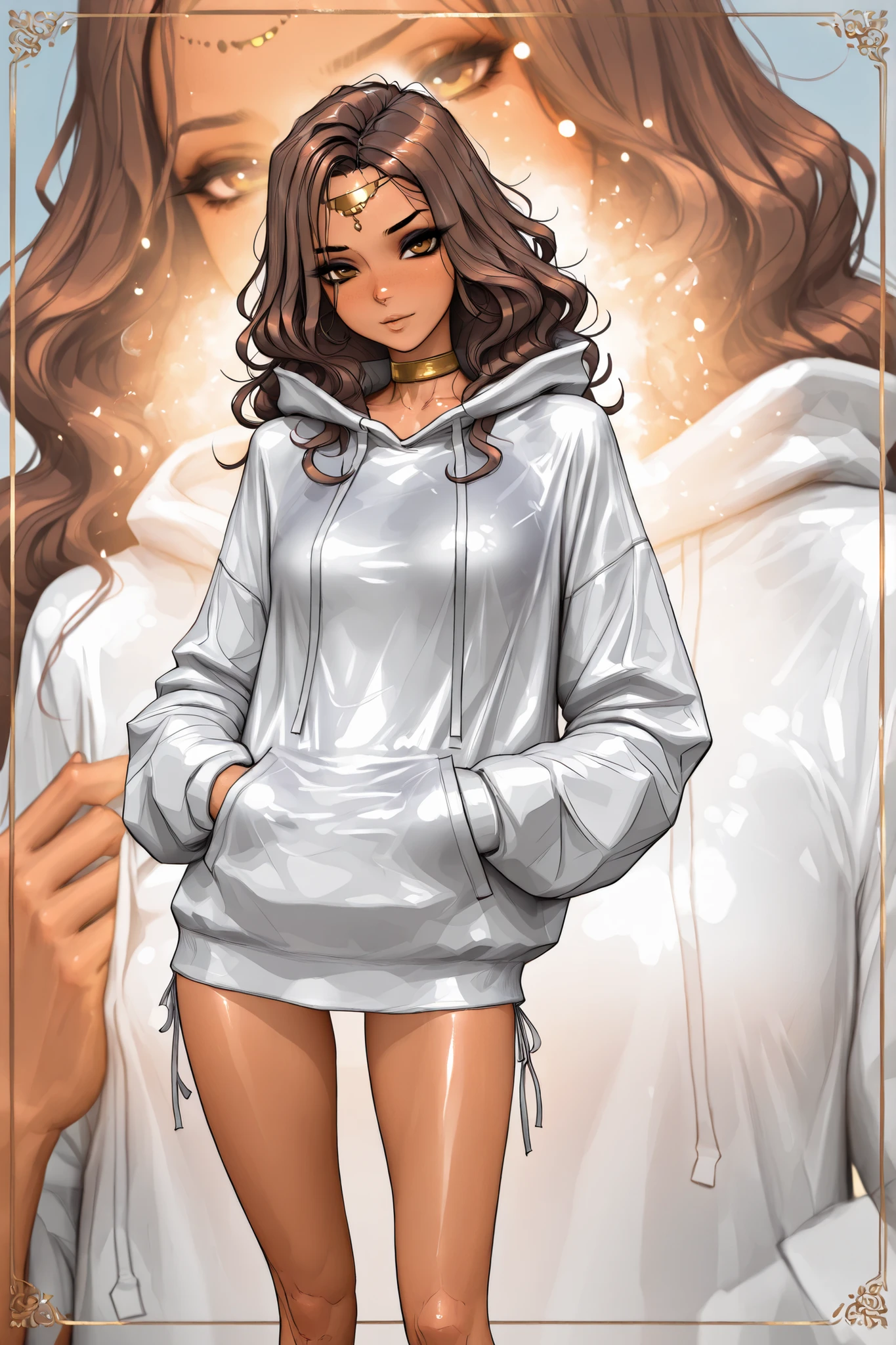 (dark-skinned_female:0.5), masterpiece, best quality, very aesthetic, movie quality, depth of field,soft saturation, focused subject, ,official style, shiny skin, long brown hair, curly hair, curls framing faces, voluminous hair, (dark-skinned female
), athletic body, shirow masamune, sam yang style, oily skin, , streamer, thot, wavy hair,, (slender body, long thin legs), gold choker, gold jewelry, , detailed eyeliner, (big eyelashes, oversized hoodie, forehead chain, naked underneath, removing bikini top under hoodie