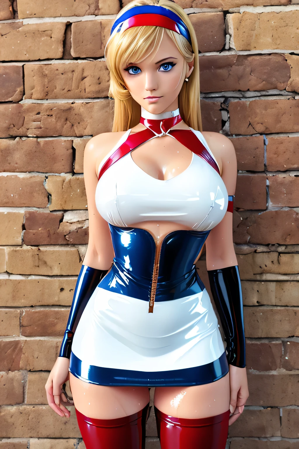 perfect anatomy　Highest Quality,highest resolution,(((shiny latex white dress　Mini Skirt　red headband　Shiny Blonde　long hair　Dark blue eyes 　thigh high boots　sweat　shiny skin)))　Kisaragi Honey　cutie　girls [[NSFW]]