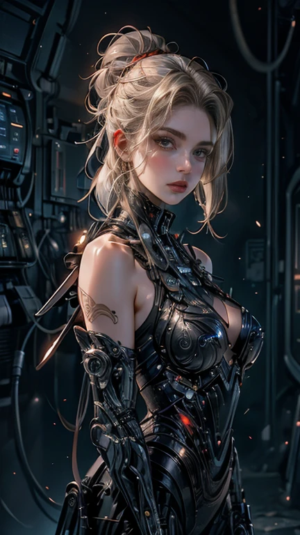 ((, La mejor calidad, 8k, Obra maestra :1.3)), todo el cuerpo, robot (((Obra maestra))), ((La mejor calidad)), (Ultra detallado), (cg illustration), (Un extremadamente tortuoso y hermoso)), cinematiclight, ((1 mechanical girl)), soltero, (Life Made by Machine), ((mechanical limbs)), ((Mechanical cervical vertebrae attached to the neck), (serio), inexpresivo, (Alambres y cables unidos a la cabeza y al cuerpo: 1.5), (Enfoque del personaje), Science-Fiction, El fin de los tiempos.,white hair ,big tits,cyberpunk,retrofuturistic,neon lights,yoga pose