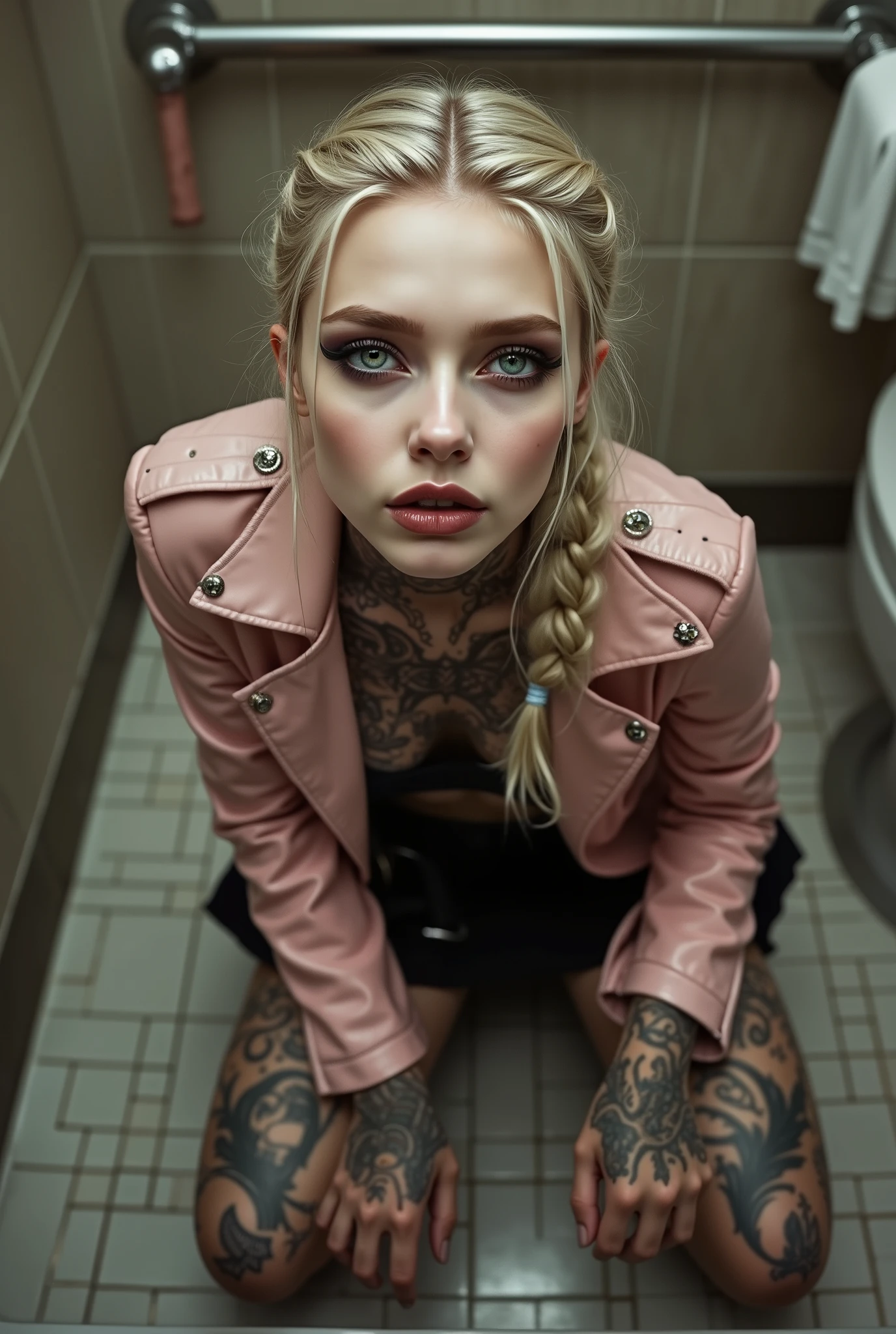 (photorealistic, shart focus) slender goth school girl, 18 y/o, kneeling in a clean luxurious restroom, knees spread wide, hands resting on thighs, very pale skin, bleached white hair, completely covered in intricate dark tattoos, looking contentedly up at viewer, yellow eyes, view from above, parted lips, heavy black eyeliner, black eyeshadow, black leather skirt, under a skintight pastel pink long sleeve patent leather biker jacket, long braided ponytail, warm lighting, she exhales a large cloud of smoke from her mouth
