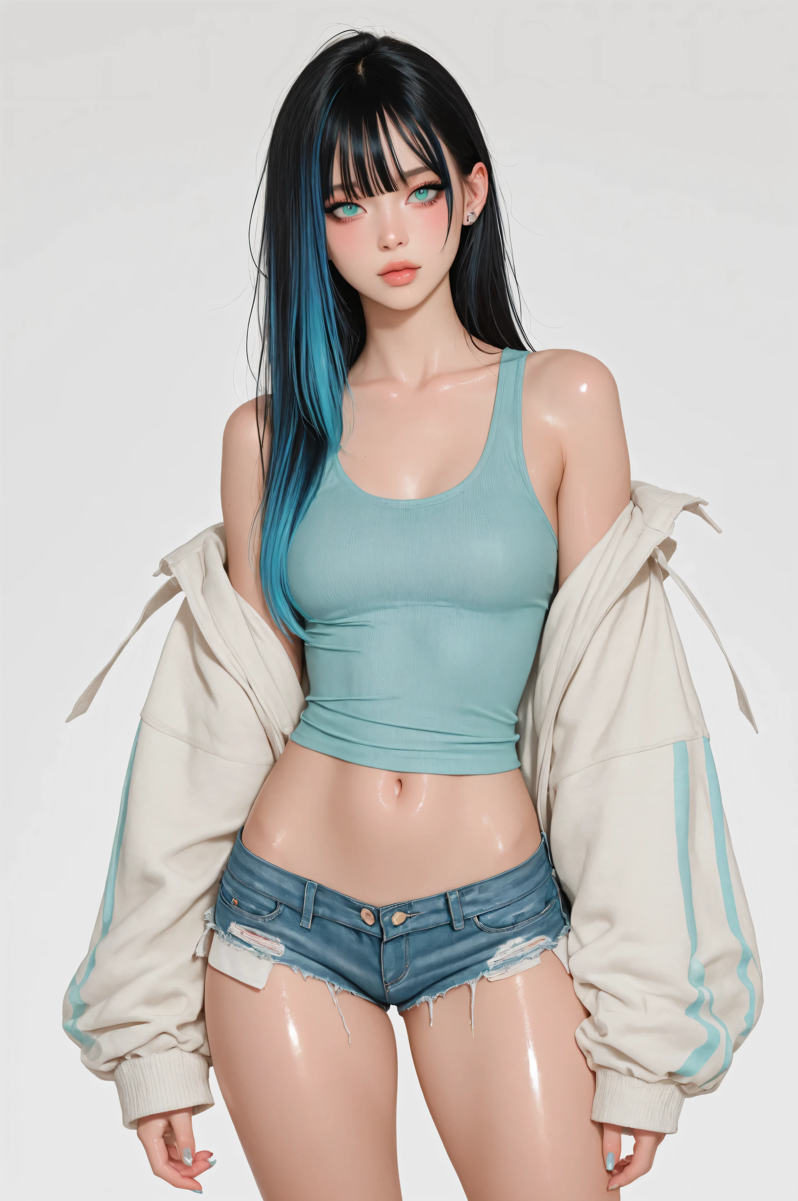 Adorable and attractive, bratty, female, solo, long hair, white background, black hair, blue highlights, shiny skin, simple background, turquoise eyes, detailed beautiful eyes, small breasts, oversized and baggy clothing, tanktop, microshorts,