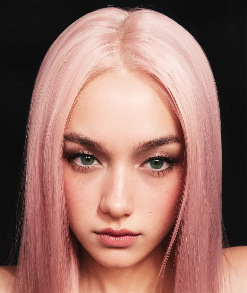 an  women with large , pink hair, blue pupils, beautifull face, God ears