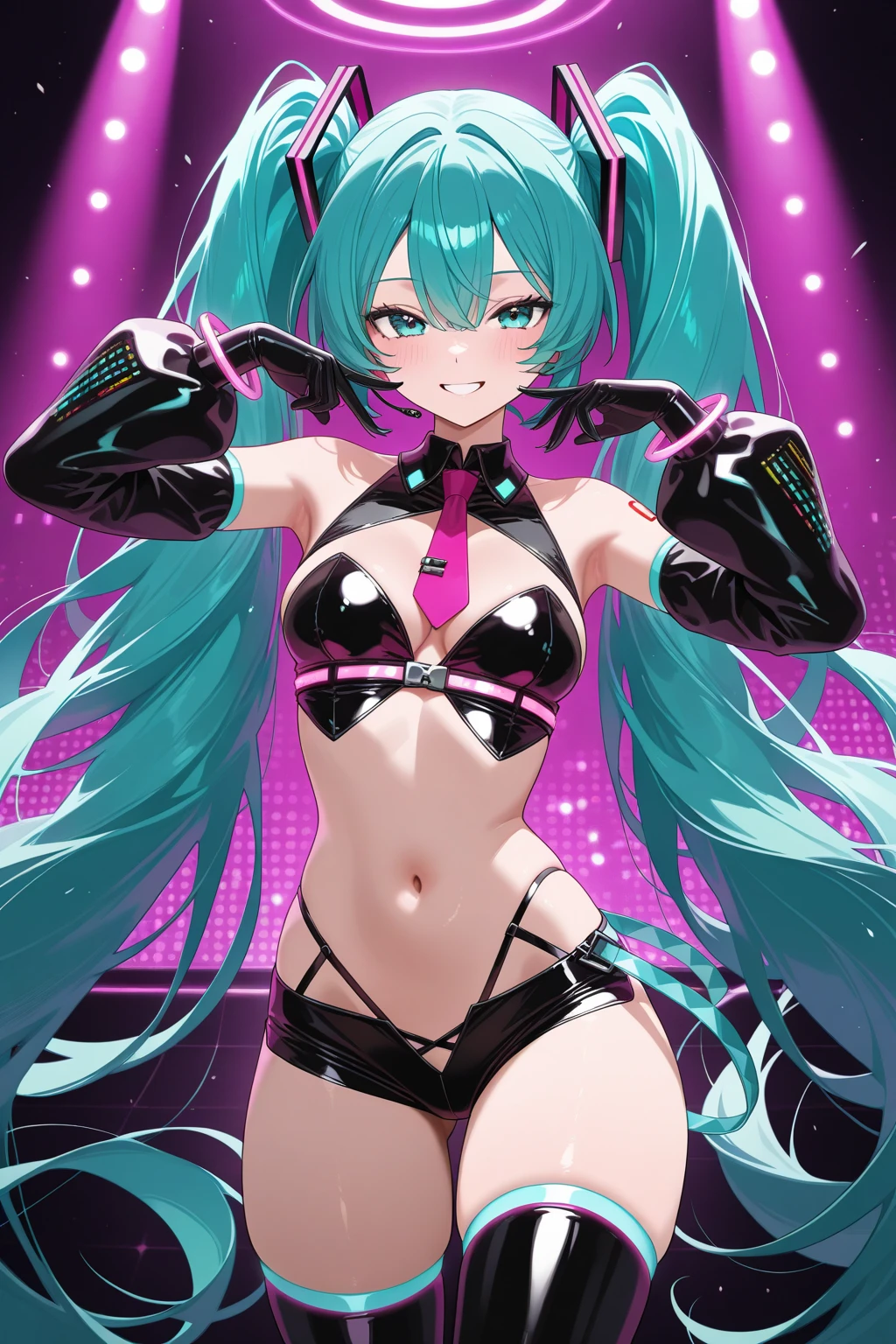 anime girl,club, 2 piece neon blue ??????, headphones,night beach party,dancing,smiling,(best quality:1.2),(ultra-detailed:1.2),(realistic:1.37),HDR,vivid colors,portraits,headphone girl,energetic pose,colorful lights,stage set,joyful expression ,anime style, atmosphere,techno music,electronic dance music,festival vibes,hip hop beats,festival outfit,expressive eyes,long hairstyle with vibrant green and red color hair, gold eyes, elaborate makeup neon lights,beaming smile,positive vibes,high-energy performance,stylized backgrounds,colorful visuals,excitement in the air, mid body portrait, back view 