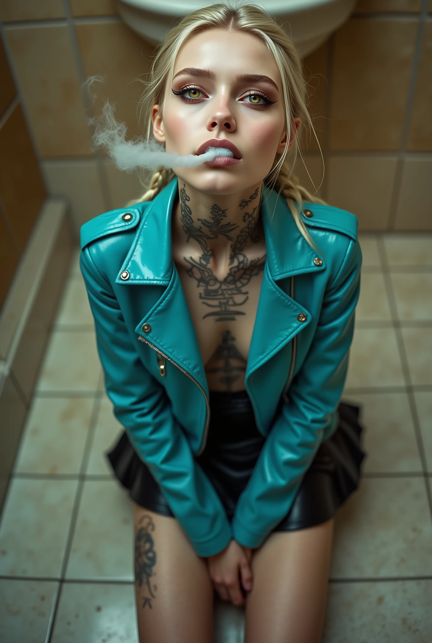 (photorealistic, shart focus) slender goth school girl, 18 y/o, kneeling in a clean luxurious restroom, knees spread wide, hands resting on thighs, very pale skin, bleached white hair, completely covered in intricate dark tattoos, looking contentedly up at viewer, yellow eyes, view from above, parted lips, heavy black eyeliner, black eyeshadow, black leather skirt, under a skintight bright turquoise long sleeve patent leather biker jacket, long braided ponytail, warm lighting, she exhales a large cloud of smoke from her mouth