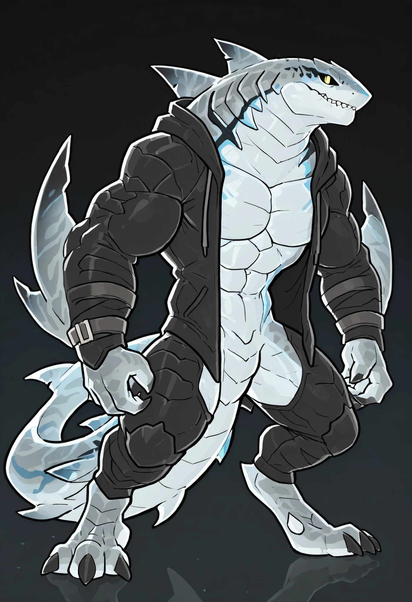 sharkman, anthro kohalasaurus, darker hands and fins, black back, solo, big arms, bara, bulky, detailed skin, lizard shark hybrid, anthro, closed mouth, detailed scalie skin, scalie arms, fins on arms, gray color body, beefy, thick scales on arms, digitigrade legs, proporcional body, mercenary pants, wearing open hoodie revealing torso, wide chest, trapezoid body type, marked jaw, 4 toes, thick shark tail, shark species, dorsal fin, sharp teeth, muscular build, best quality, ultra-detailed, by laobai, by honovy, by Riolutiny, detailed illustration of 4K horror, standing ready to fight