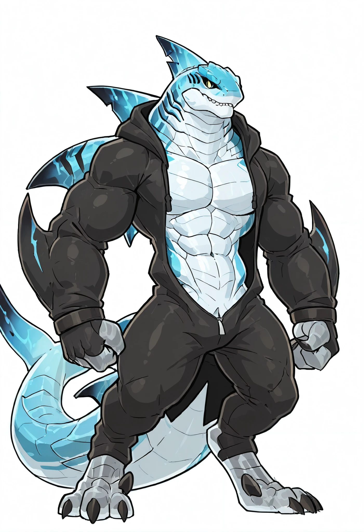 sharkman, anthro kohalasaurus, darker hands and fins, black back, solo, big arms, bara, bulky, detailed skin, lizard shark hybrid, anthro, closed mouth, detailed scalie skin, scalie arms, fins on arms, gray color body, beefy, thick scales on arms, digitigrade legs, proporcional body, mercenary pants, wearing open hoodie revealing torso, wide chest, trapezoid body type, marked jaw, 4 toes, thick shark tail, shark species, dorsal fin, sharp teeth, muscular build, best quality, ultra-detailed, by laobai, by honovy, by Riolutiny, detailed illustration of 4K horror, standing ready to fight