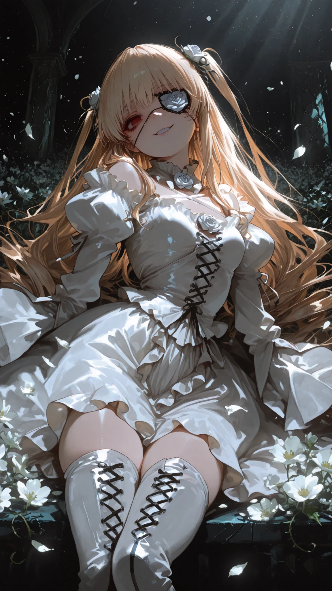 1girl , solo , Rozen Maiden , A girl covers one eye with white flowers, Like an eyepatch , tilts its head , empty eyes with murky noises , Malicious Smile , madness , cute , white dress , white thigh high boots, Dynamic Poses , A world covered in cracked glass and ivy , petals dancing in the wind , ( ambient occlusion:0.9 ) , masterpiece , Highest Quality , super detailed , high resolution , Nice , Extremely Detailed CG , Unity 8K 壁紙 , super detailed肌 , perfection , detailed and beautiful faces , Beautiful eyes with attention to detail , high resolution , Chiaroscuro , Highly detailed background , Elaborately designed clothing , dramatic lighting , Dramatic Angles , Particles of Light , raw ,