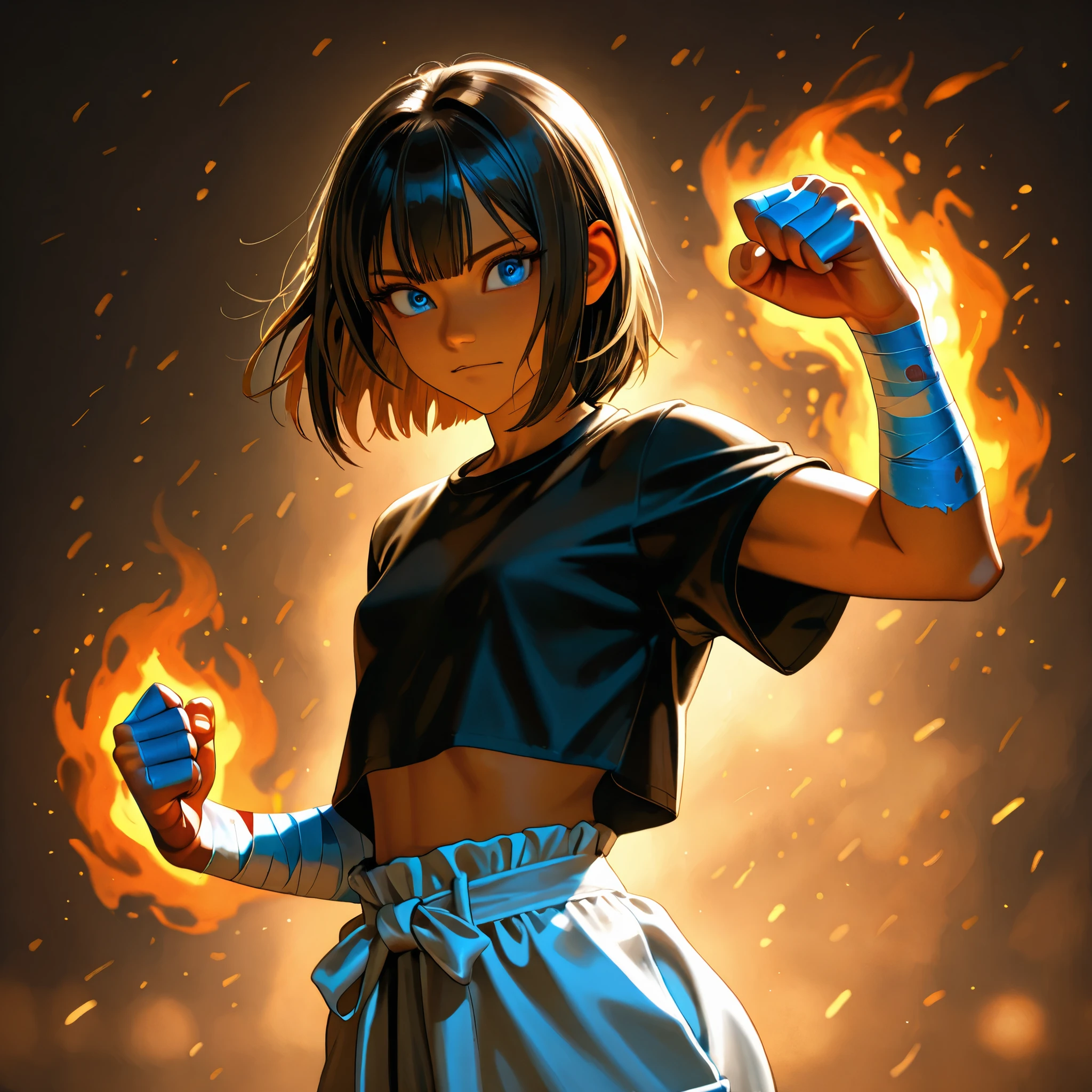 semi realism, big eyes, small , thin fabric, cropped black t-shirt, detailed portrait, beautiful woman, elegant pose, moody atmosphere, warm lighting, cinematic, intricate details, realistic skin, fine-art photography, digital painting, 8K, high resolution, vivid colors, photorealistic, baggy pants, bandage on arms, fighter stance