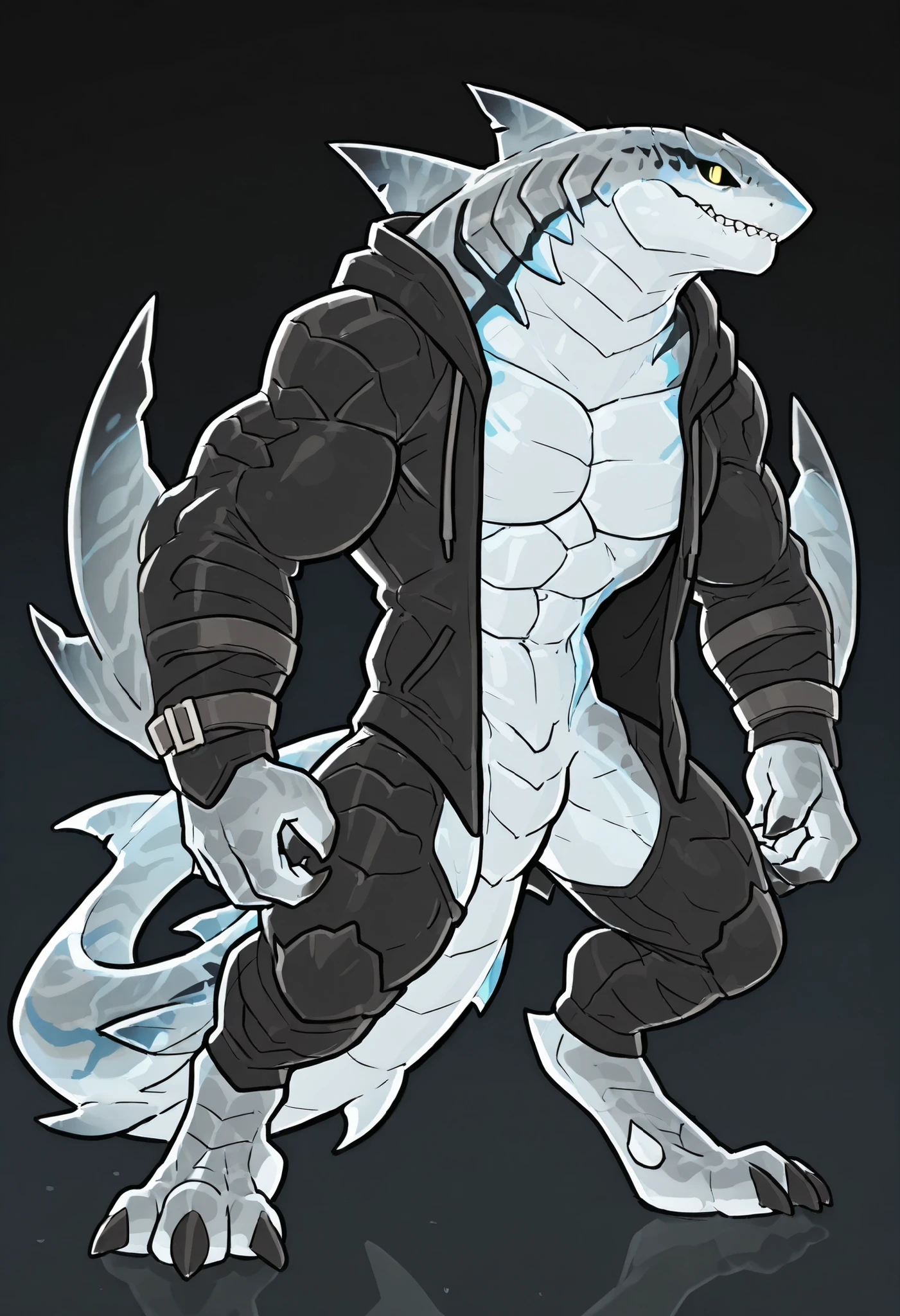 sharkman, anthro kohalasaurus, darker hands and fins, black back, solo, big arms, bara, bulky, detailed skin, lizard shark hybrid, anthro, closed mouth, detailed scalie skin, scalie arms, fins on arms, gray color body, beefy, thick scales on arms, digitigrade legs, proporcional body, mercenary pants, wearing open hoodie revealing torso, wide chest, trapezoid body type, marked jaw, 4 toes, thick shark tail, shark species, dorsal fin, sharp teeth, muscular build, best quality, ultra-detailed, by laobai, by honovy, by Riolutiny, detailed illustration of 4K horror, standing ready to fight