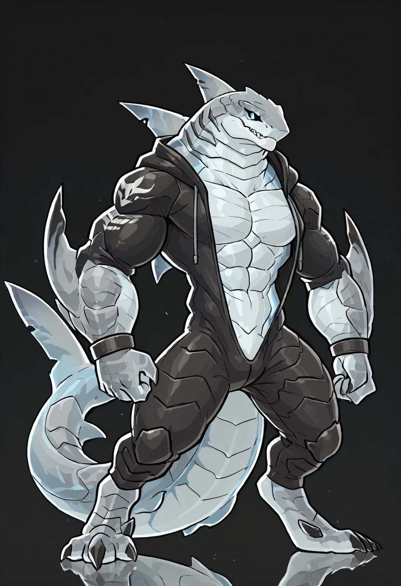 sharkman, anthro kohalasaurus, darker hands and fins, black back, solo, big arms, bara, bulky, detailed skin, lizard shark hybrid, anthro, closed mouth, detailed scalie skin, scalie arms, fins on arms, gray color body, beefy, thick scales on arms, digitigrade legs, proporcional body, mercenary pants, wearing open hoodie revealing torso, wide chest, trapezoid body type, marked jaw, 4 toes, thick shark tail, shark species, dorsal fin, sharp teeth, muscular build, best quality, ultra-detailed, by laobai, by honovy, by Riolutiny, detailed illustration of 4K horror, standing ready to fight