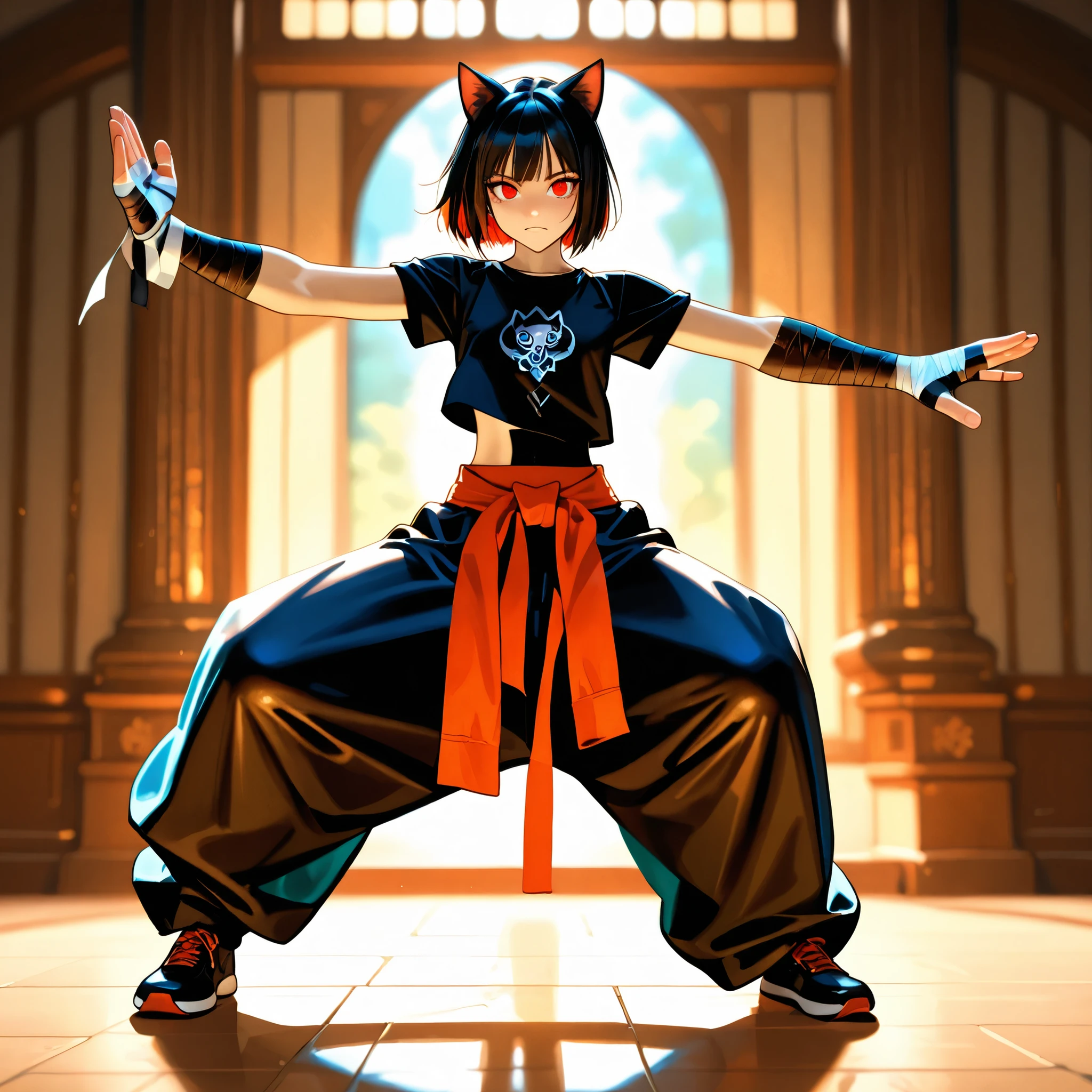 semi realism, big eyes, small , thin fabric, cropped black t-shirt, detailed portrait, beautiful woman, elegant pose, moody atmosphere, warm lighting, cinematic, intricate details, realistic skin, fine-art photography, digital painting, 8K, high resolution, vivid colors, photorealistic, baggy pants, bandage on arms, fighter stance, cat ears, red eyes, dynamic pose, , full body view
