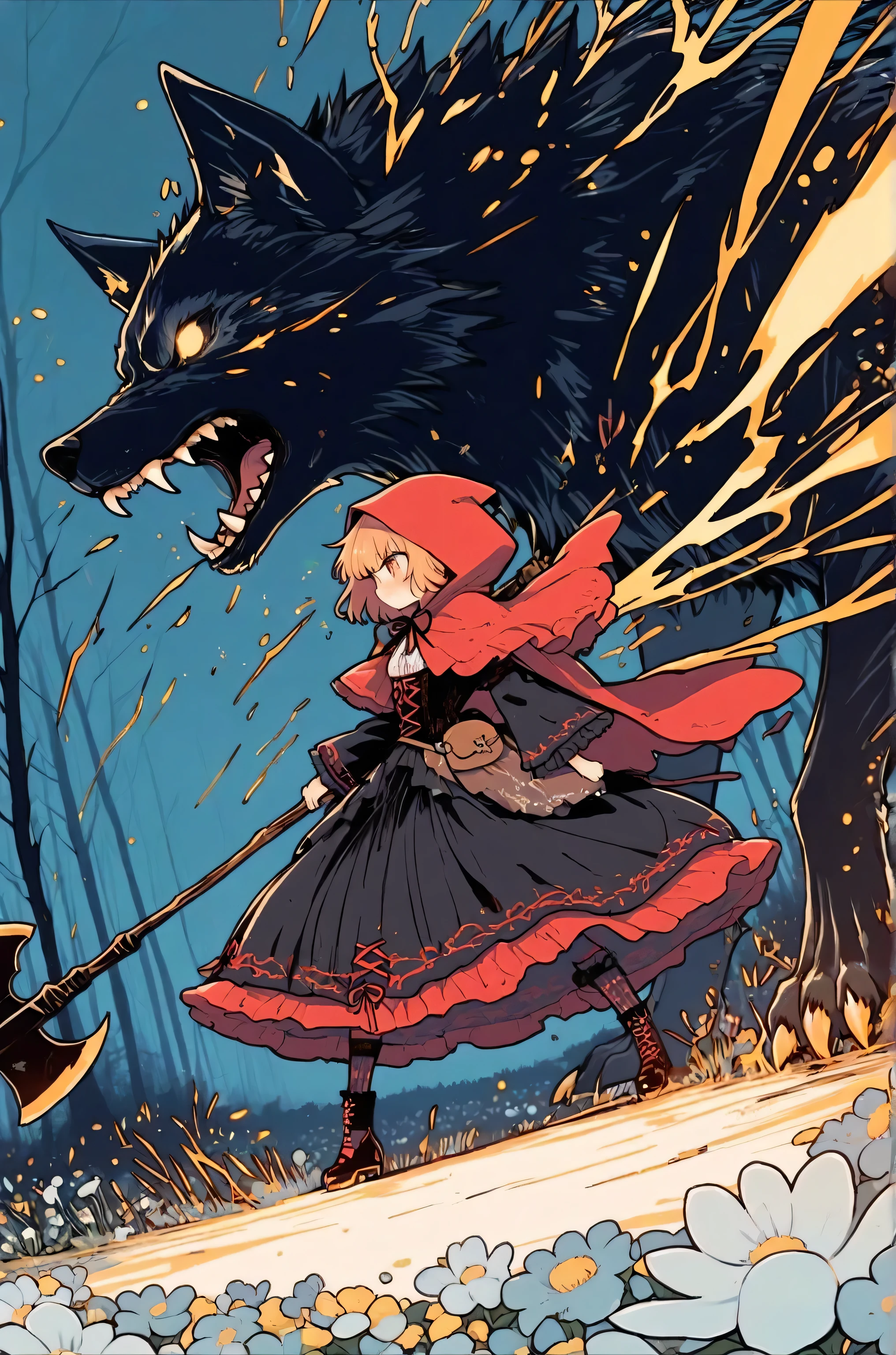masterpiece, best quality, amazing quality, miaomiao_liulifa, Little Red Riding Hood wields an axe larger than herself, a girl with wolf ears wears a black robe with long, sharp claws; place Red Riding Hood on the left, the wolf girl on the right; a fierce battle scene with axe and claws clashing, sparks flying; a field of yellow, white, and blue flowers in a dark forest; gothic style, close-up shot.