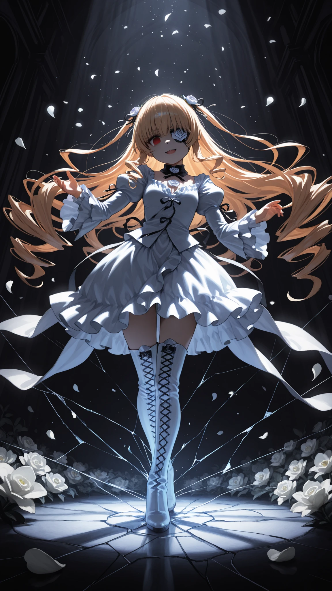 1girl , solo , Rozen Maiden , A girl covers one eye with white flowers, Like an eyepatch , tilts its head , empty eyes with murky noises , Malicious Smile , madness , cute , white dress , white thigh high boots, Dynamic Poses , A world covered in cracked glass and ivy , petals dancing in the wind , ( ambient occlusion:0.9 ) , masterpiece , Highest Quality , super detailed , high resolution , Nice , Extremely Detailed CG , Unity 8K 壁紙 , super detailed肌 , perfection , detailed and beautiful faces , Beautiful eyes with attention to detail , high resolution , Chiaroscuro , Highly detailed background , Elaborately designed clothing , dramatic lighting , Dramatic Angles , Particles of Light , raw ,