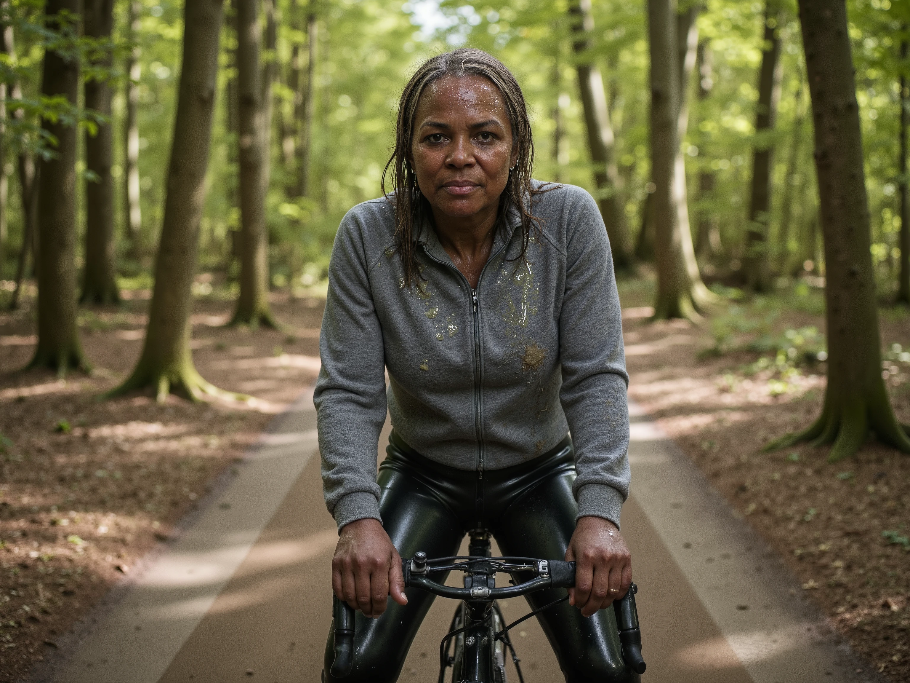 a wide angle image of a 94 year old ugly old woman that is thin and black with frail body proportions, wearing a dirty gray sweatshirt with dripping sweat, wearing black sweat dripping lycra pants, sitting on a bicycle in a forest, muddy forest path, a pit of quicksand looms in the distance