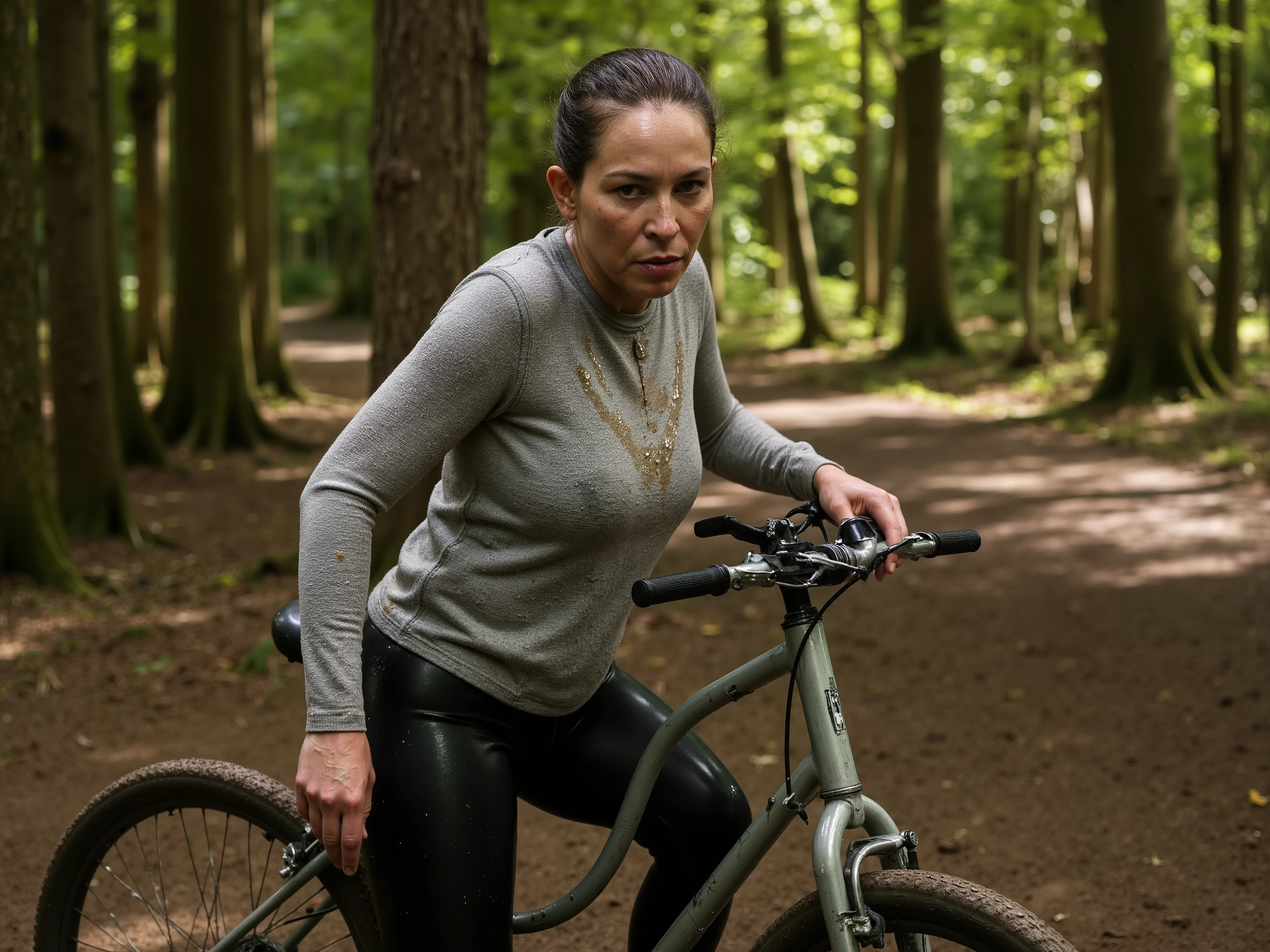 a wide angle image of a 94 year old ugly old woman that is thin and black with frail body proportions, wearing a dirty gray sweatshirt with dripping sweat, wearing black sweat dripping lycra pants, sitting on a bicycle in a forest, muddy forest path, a pit of quicksand looms in the distance