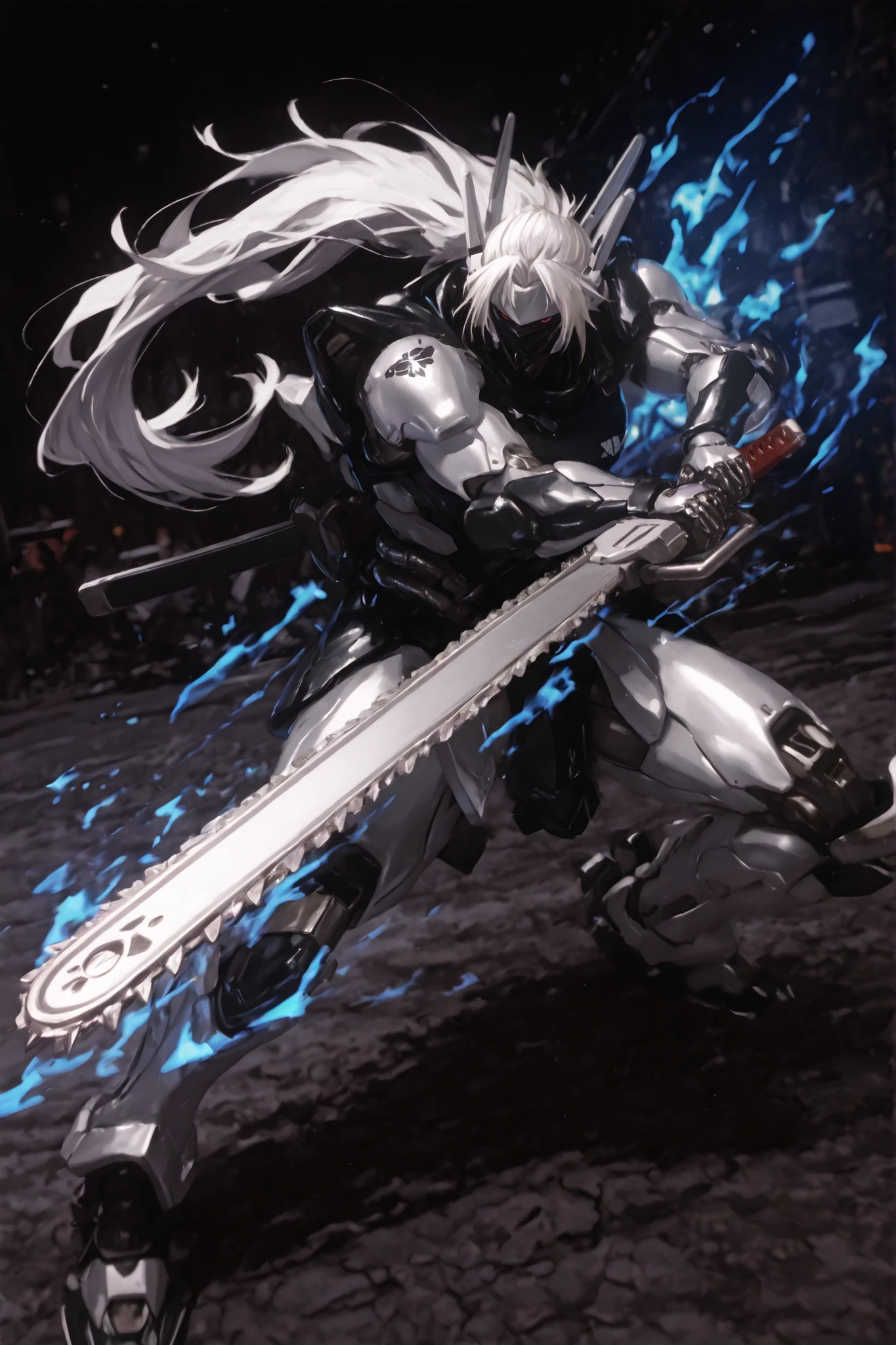 masterpiece,最High Quality,Super Detailed,high resolution,Slender,High Quality、score_9、score_8_up、score_7_up、masterpiece、High Quality、Super Detailed、high resolution、High Quality、最High Quality、Anime Style、dynamic pose、masterpiece、 1 Girl( android girl、 Silver Hair、 mechanical hand 、Mechanical foot、mechanical waist、Machine Body、 very long silver hair、Red Eyes、 traditional ninja attire flexible movement、Ninja costume、((両手で巨大なwhite chainsawを持っている))、((white chainsaw))Satu Gong Force) mystical atmosphere, Strong presence, Hair Fluttering in the Wind, moving composition, dark background, blue magic aura, high contrast lighting, ready for battle, action scene,