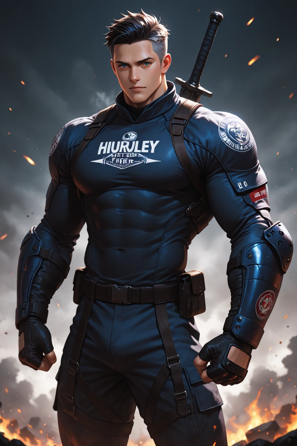 Figura arafed de un hombre joven, como personaje de tekken, mechanic punk outfit, de virtua luchadora, personaje de king of luchadores, toma de cuerpo completo hiperdetallada, personaje jojo, personaje del juego de lucha, macho sigma,