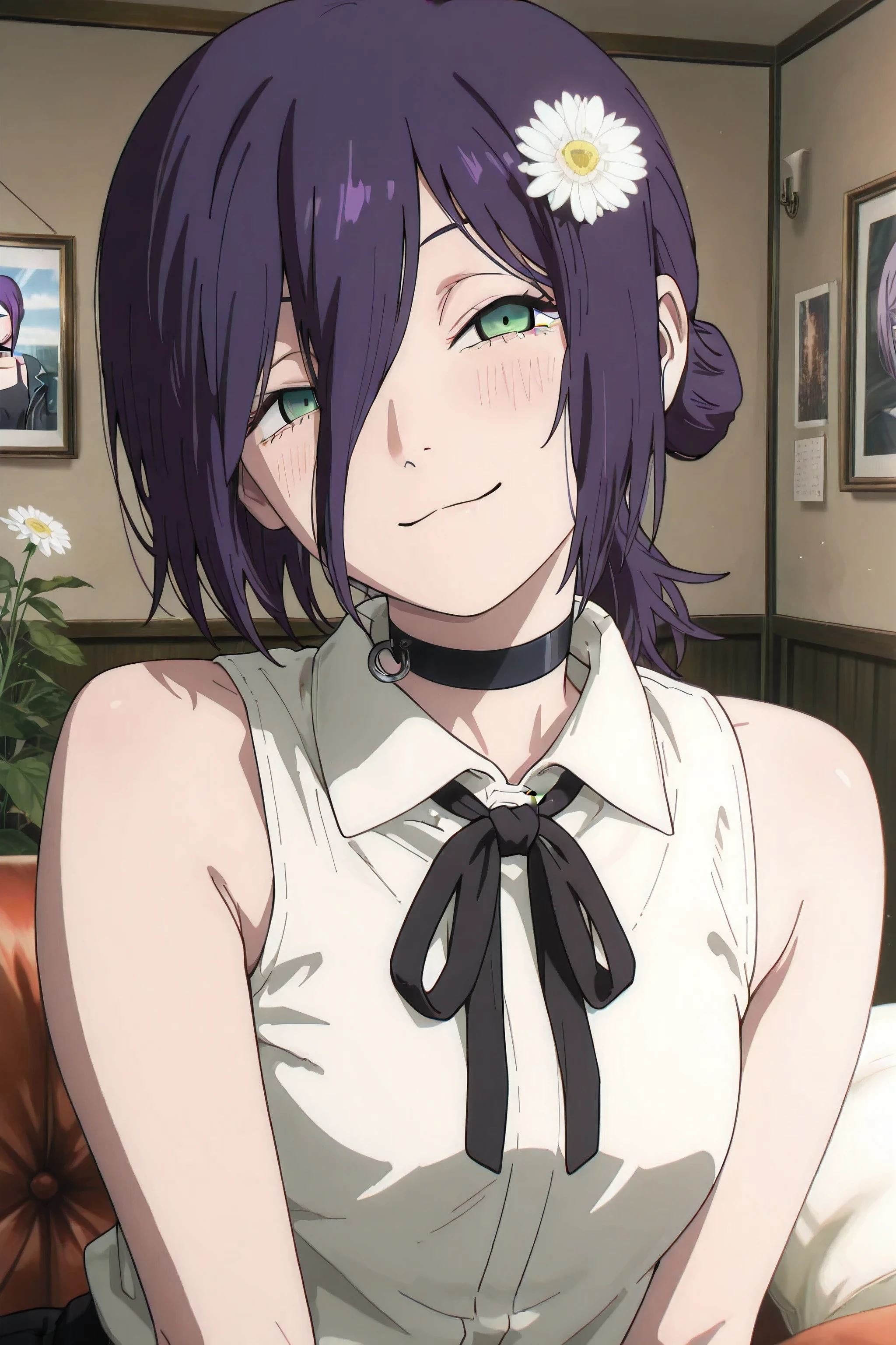 (masterpiece, detailed:1.2),best quality, newest, very awa, masterpiece, best quality, absolutely absurdres, proportional body, proportional:1.2, beautiful hair, beautiful face, newest, anime screencap, cinematic composition, ultra detail, solo, reze, black choker, purple hair, choker, eyebrows hidden by hair, green eyes, long bangs, medium hair, reze from chainsaw man, medium hair, shoulders, black ribbon, collar, collared shirt, neck ribbon, ribbon, shirt, sleeveless, sleeveless shirt, white shirt,, smile. smile, facing viewer, pull pin decorate on choker, decoration on side of choker, blush, facing viewer, bangs over one eye,,white Gerbera hair ornament, closed motth,