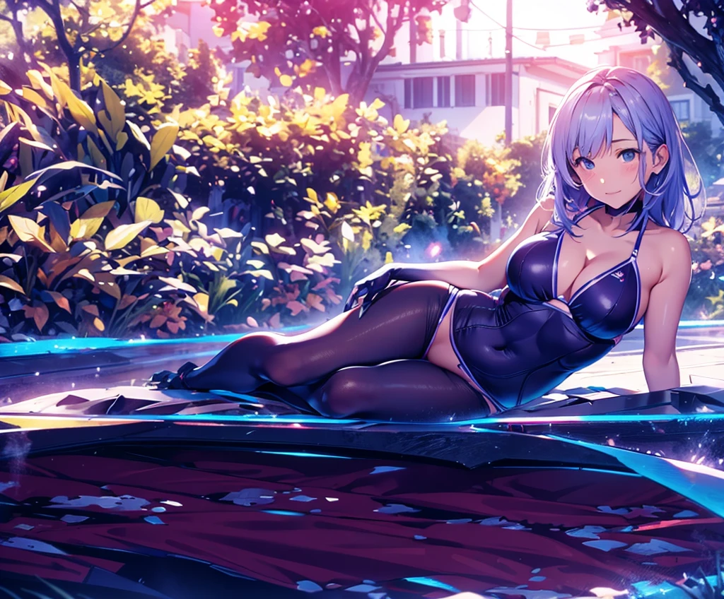 Lilith with   and navy blue curly hair and lying in the water