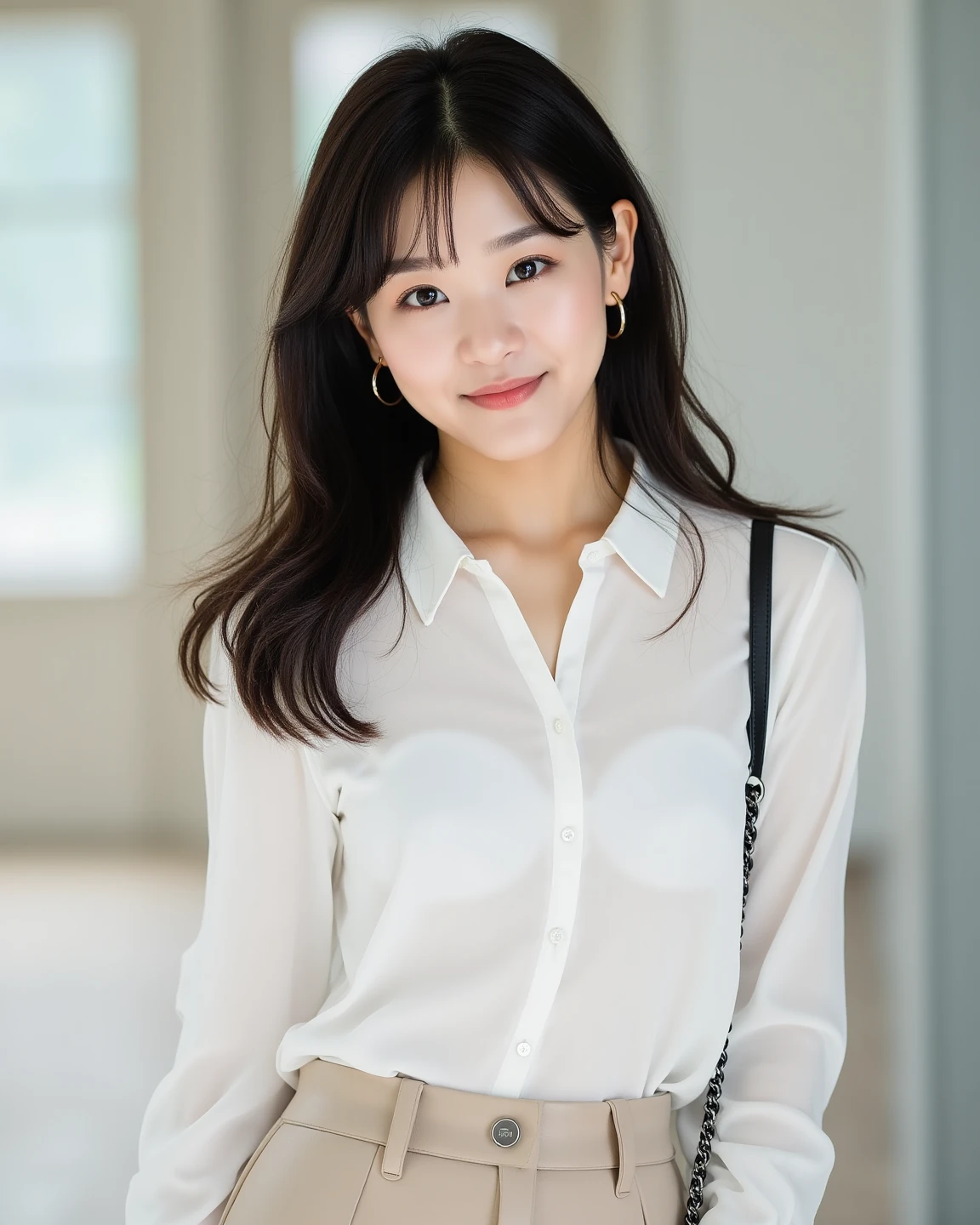 (1girl), (round eyes:1.2), (highly detailed face and eyes), smile, Amazing face and eyes, (frills shirt:1.3), (Best Quality:1.4), (Ultra-detailed), (extremely detailed CG unified 8k wallpaper), Highly detailed, High-definition raw color photos, Professional Photography, Realistic portrait, Amazing face and eyes, indoors, office, (office lady, casual, No sleeve, :1.3), (A moment of relaxation), model, depth of fields, (fine face:1.2),