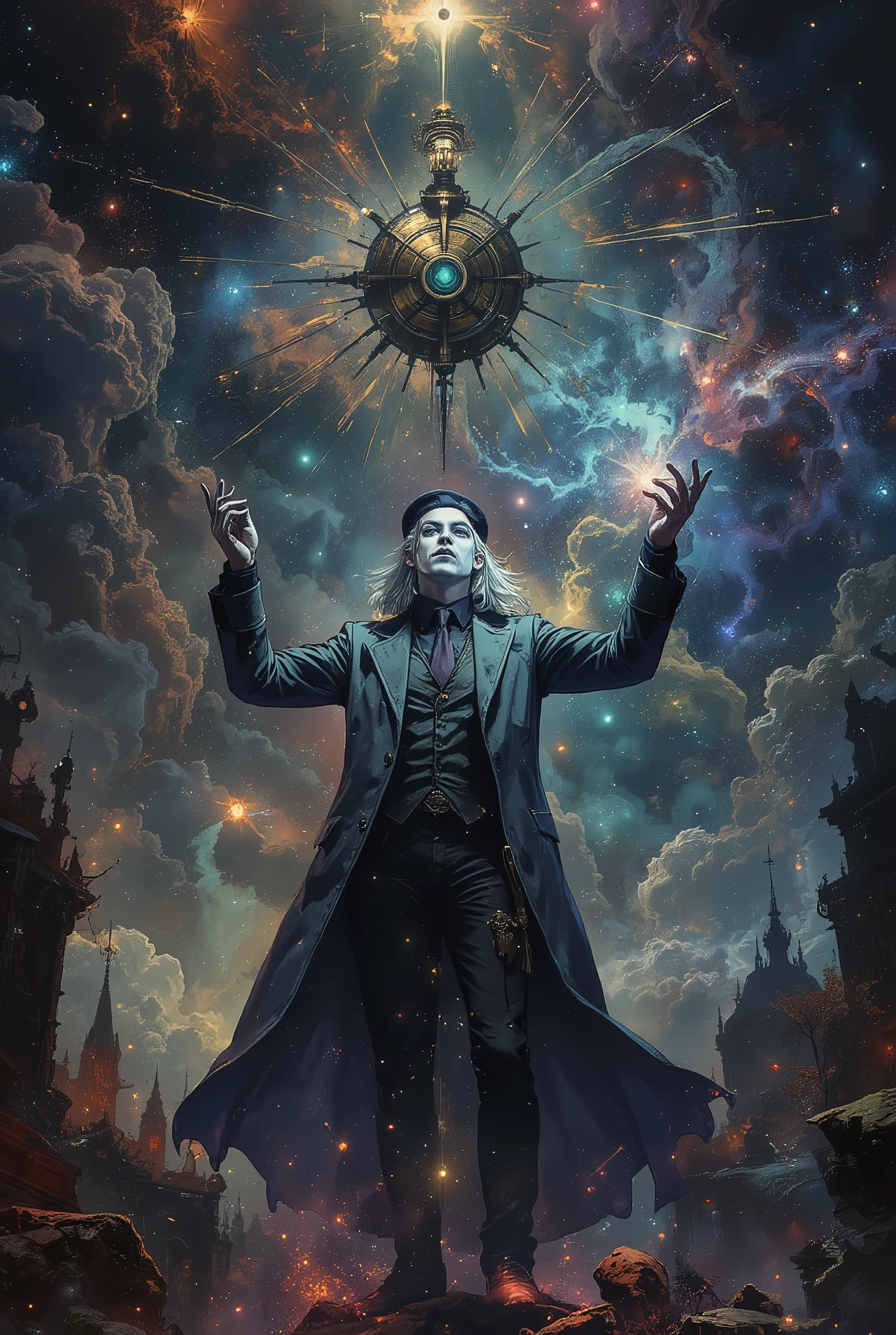 Inspired by the world of Michael Whelan, Keith Parkinson, the Gothic fantasy of Gerald Brom, and Dave Mckean. And Italo Calvino's invisible Cities.  He is handsome, animated, mercurial, witty and a mad genius with the manners of an aristocrat. Age varying from 25 to 40 depending. A being of majesty and presence. Right now we see a brooding, aquiline faced white haired Demiurge with dark silver skin like polished labradorite, a dark silver with flashes of blue, green, yellow, and other colors manifest from inside this radiant being of focused, living, energy. Sorceror-king of an Infinite Empire, he is adorned in many different types of clothes depending on his moods and his fancy, but style matters. He wears darkly elegant suits with vivid ties and old style robes and fedoras and Renaissance coats, he wears stylish wonders and ancient kaftans and uniforms from 17,the century Austria. Hair is usually wild and short but somehow styled. Body is muscled, slender and wiry. He is attractive to everyone so he is Beautiful and seraphic like an Archangel, even when it's Lucifer.  The Magister stands amidst a nexus of swirling galaxies. His eyes, twin supernovas, gaze knowingly upon the vast expanse of creation. With a gesture, orchestrates the celestial ballet, weaving nebulae into tapestries of cosmic wonder, all under his command. Inspired by the cosmic artistry of Android Jones, the futuristic visions of Ash Thorp, and the ethereal landscapes of Simon Stalenhag, rendered in 8k resolution with holographic astral cosmic illustration techniques, and a touch of Pablo Amaringo's visionary style.