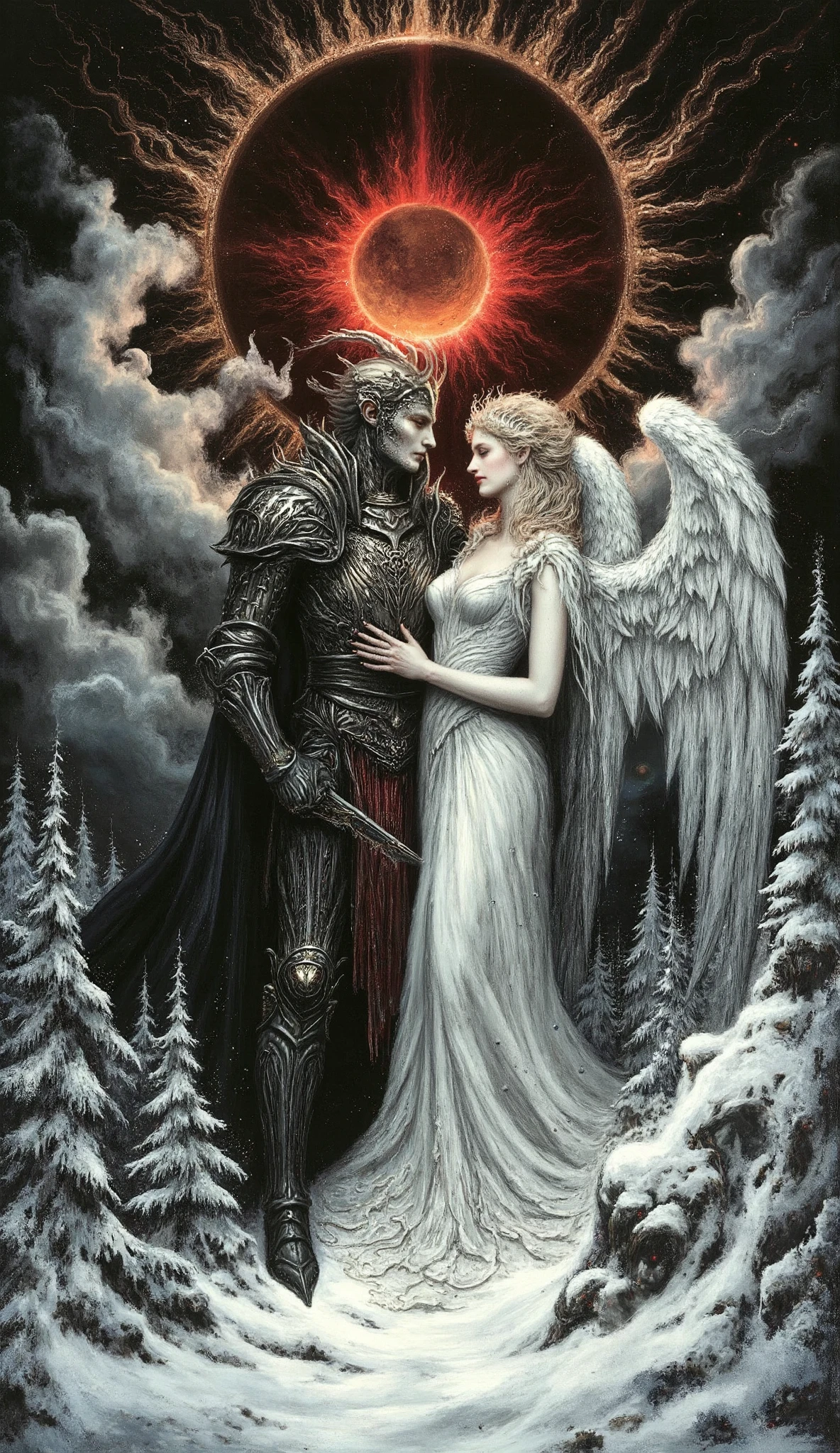 Mediebal gothic art nouveau tableau depicted with surreal majesty and extremely high detail of a veryy isolated scene on a frozen mountain in Wallachia lying in the middle of the dense primeval forests there. Dracula, the Voivode of that country, is seen in his guise as the Holy Armored Warleader of Gods Red Warriors seducing a female Angel, and seducing her into becoming a a monstrous drinker of life, beautiful and brutal and deadly. Dying silver motes turn to the red of Dracula as she changed into a Vampire of great power. There is only white on the mountain, as a solar Eclipse occurs above their heads. Scene of dark ritual and sinister majesty. Dracula is a Dread King converting a beacon of light to his greater Greater Darkness. A truly moving scene of hope extinguished. Done in a highly expressive medium with impressionist, gothic and surreal nightmares evocative of Francisco De Goya, Gerald Brom and Hieronymus Boschh. Dracula appears mightier than any Angel or Devil or Pagan God could overcome.