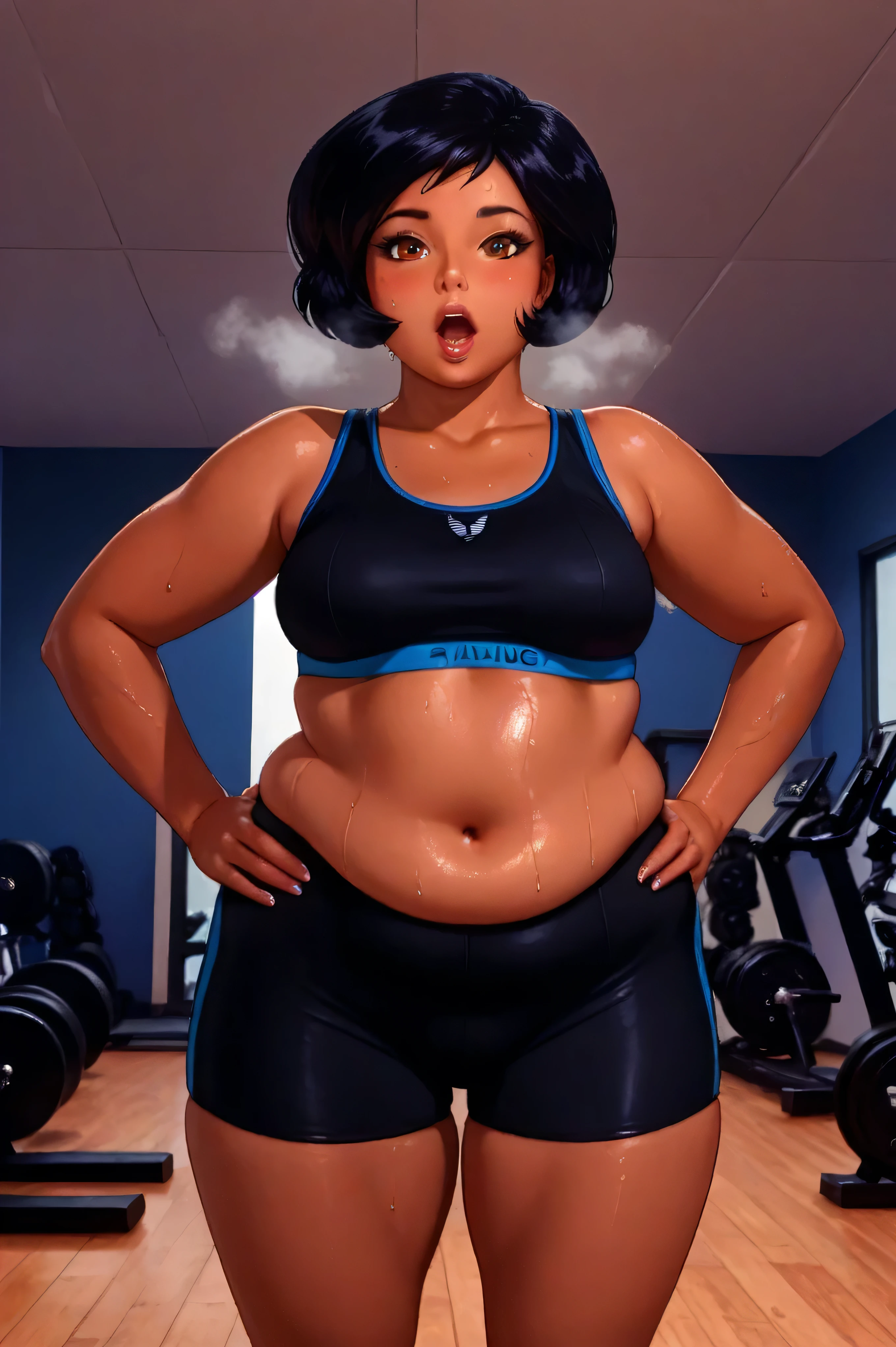 masterpiece, best quality, good quality, cartoon, totally_spies_2k24 alex, black hair, brown eyes, dark-skinned female, sexy, medium breasts, beautiful, detailed, high detailed, very beautiful, detailed face, detailed eyes, detailed hand, , looking at viewer, platform sneakers, black bike shorts, black sports bra, sweat, gym, workout equipment,  out of breath, sweaty, open mouth, hands on hips, 1girl, solo, obese, chubby, thicc thighs, big arms