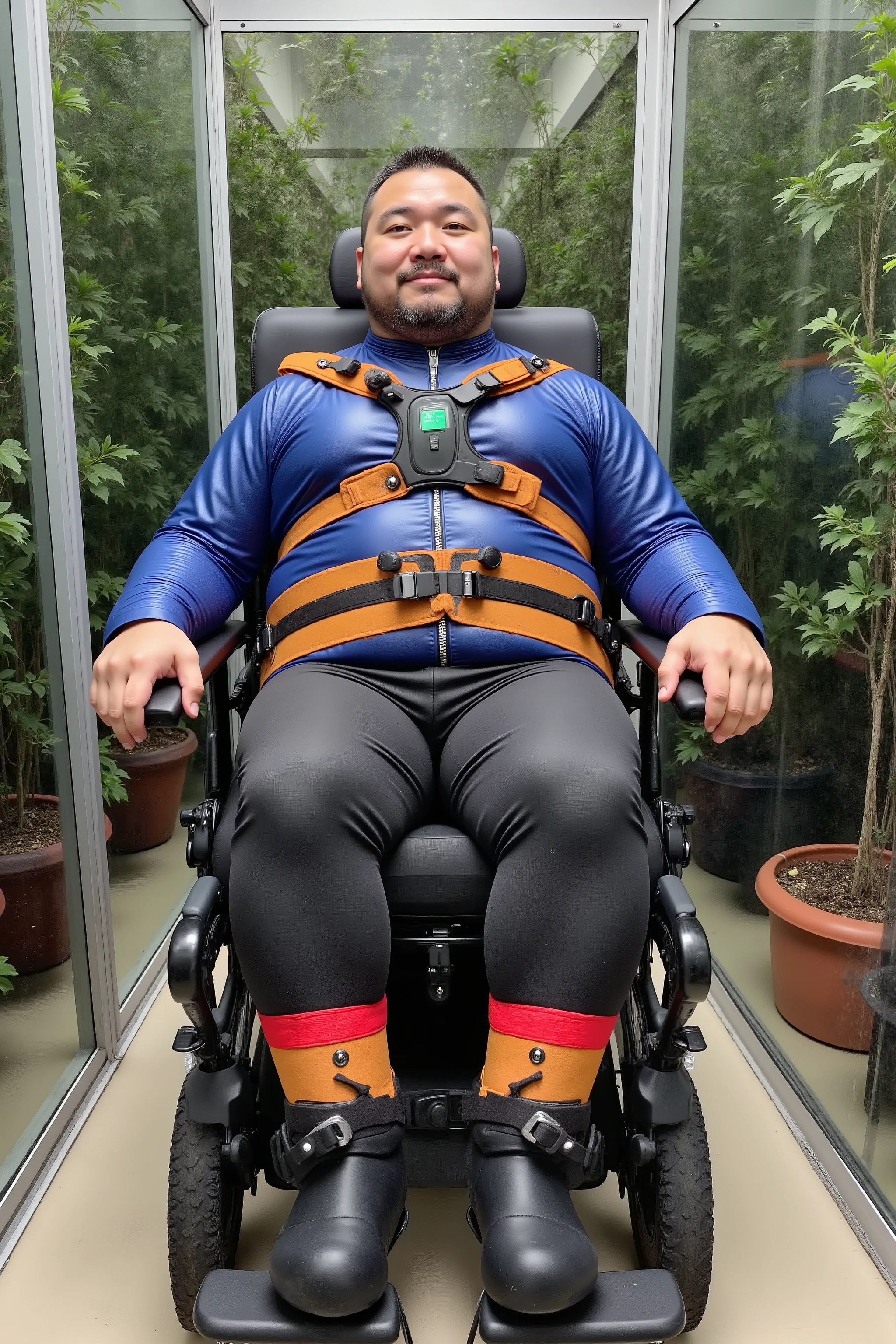 a 58 year old asianflux man that has a large belly and arms with a double chin, wearing a shiny blue polished leather biker jacket, wearing black polished leather jeans, seguflux restraint belts are wide red straps against his ankles that hold his legs to the wheelchair, he is in a powered wheelchair, he has a tight thick yellow wheelchair harness made of textured leather with dried brown mud stains on it, he wears a black neoprene wide hip belt that holds his hips tightly, his hands are restrained with green locking belts made of rubber, the man is in a glass enclosed room with dirt and plants inside of it, an artificial forest