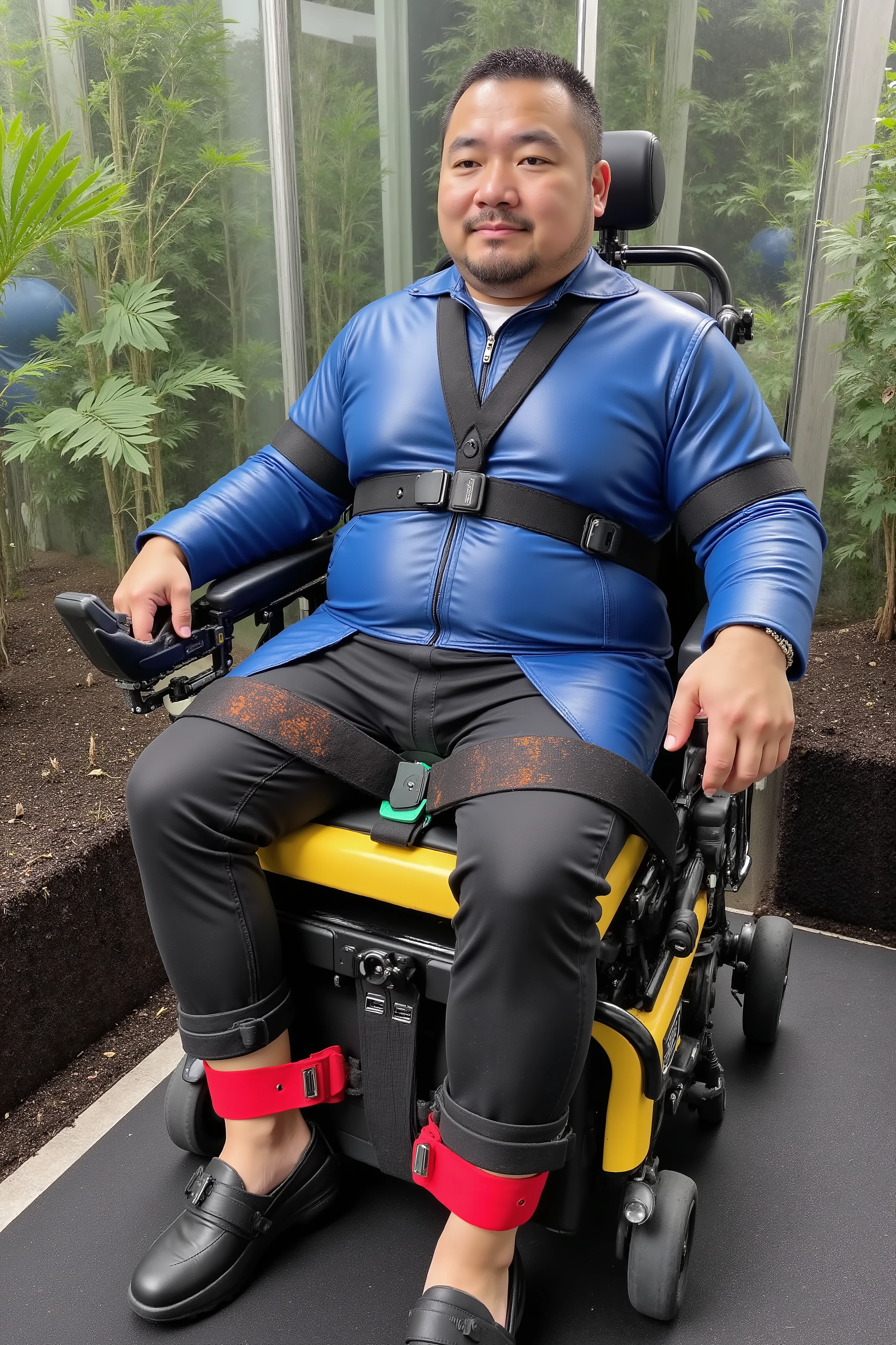 a 58 year old asianflux man that has a large belly and arms with a double chin, wearing a shiny blue polished leather biker jacket, wearing black polished leather jeans, seguflux restraint belts are wide red straps against his ankles that hold his legs to the wheelchair, he is in a powered wheelchair, he has a tight thick yellow wheelchair harness made of textured leather with dried brown mud stains on it, he wears a black neoprene wide hip belt that holds his tightly, his hands are restrained with green locking belts made of rubber, the man is in a glass enclosed room with dirt and plants inside of it, an artificial forest