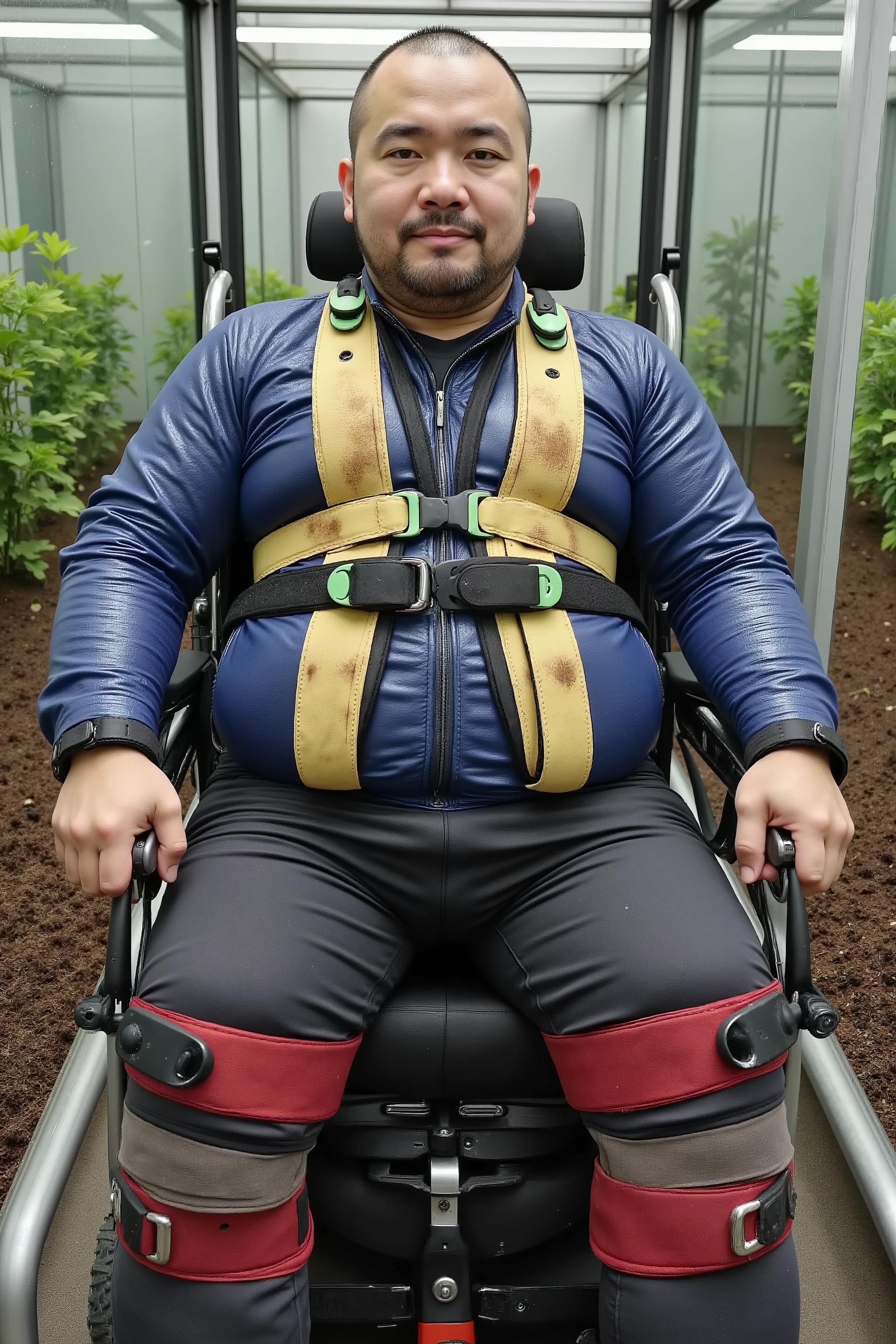 a 58 year old asianflux man that has a large belly and arms with a double chin, wearing a shiny blue polished leather biker jacket, wearing black polished leather jeans, seguflux restraint belts are wide red straps against his ankles that hold his legs to the wheelchair, he is in a powered wheelchair, he has a tight thick yellow wheelchair harness made of textured leather with dried brown mud stains on it, he wears a black neoprene wide hip belt that holds his tightly, his hands are restrained with green locking belts made of rubber, the man is in a glass enclosed room with dirt and plants inside of it, an artificial forest