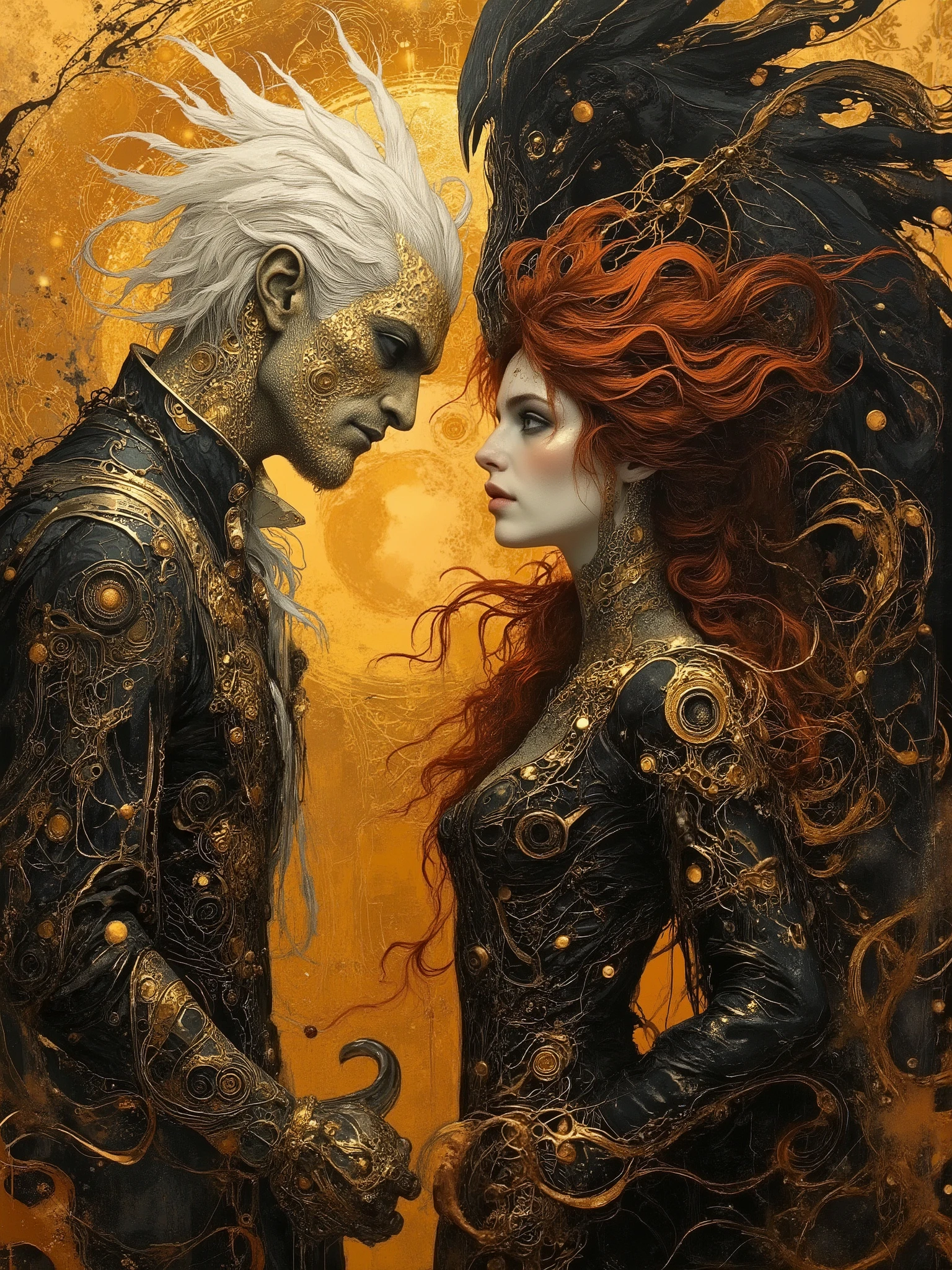 (masterpiece),(Highest quality),(Super detailed),(Ultra-high resolution) , (Best illustrations), 32k, an ancient luxurious temple,dynamic lights, shiny, glitter
Done in a balanced and vivid impressionist style symbolizing harmony of opposites ((and the search for spiritual transcendence through practicing mindfulness of self and psychological clarity, or learning philosophical reason logic and truth, as well as coming to terms with the metaphysical laws of our existence.  In a word, wholeness with the true source.))
A captivating portrait shows an angel and a demon in staring at each other and enraptured. On the left appearing 40, a handsome aquiline looking man with short stylish white hair and a wry expression wears a dark, fancy high-collared coat and other expensive but tasteful accoutrements. He has silver and white feathered wings and a faint glowing halo, symbolizing his angelic nature. On the right looking no more than 28 years old, a beautiful pale skinned woman short of stature with long, red hair is seen wearing a roguish grin and dressed in an eclectic blend ((of street, grunge, secondhand and 1st hand designer finery and God only knows, each piece used to highlight her sensual, seductive nature)) that somehow matches in some bizarre way. She has fiery raven wings, with flames rising behind her, figures are facing each other, their intense gazes creating a powerful contrast between light and darkness and a shocking truth, they long to touch one another and their look is full of love. Massive energies whirl around these 2 and an eclipse of the Sun heralds their union with a foreboding air. Done in a balanced and vivid impressionist style symbolizing harmony of opposites ((and the search for spiritual transcendence through practicing mindfulness of self and psychological clarity, or learning philosophical reason logic and truth, as well as coming to terms with the metaphysical laws of our existence.  In a word, wholeness with the true source.))


