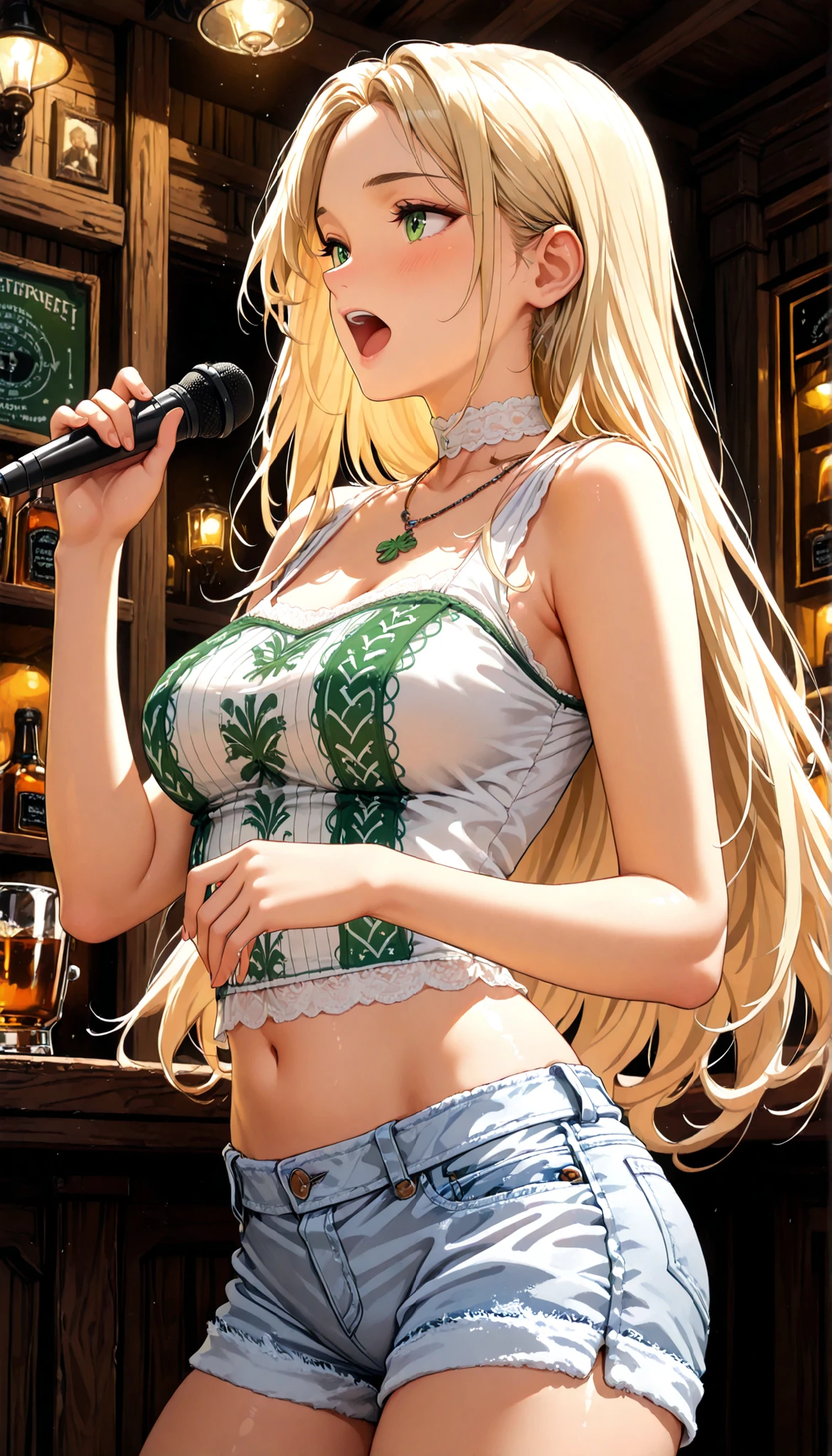 ,
Irish girl, (traditional Irish folk singer),(cowboy shot),(sideview), (looking upward:0.6 ), singing emotionally ,(blush:0.5),
A girl, pale blonde hair, (forehead:0.8),(straight long hair), greenish-hazel eyes, (huge breasts:0.5),(cleavage:0.6),( white choker), (necklace),(glossy pale skin), (spreading arms:0.2),(sleeveless t-shirt with Celtic pattern),(navel),(white denim shorts),(singing traditional song:1.2),
8K resolution, intricate details,
Perfect composition,
(Folk music magazine picture),(music jam session),(irish pub at night),(with traditional Irish music band:1.3),(hand microphone),(altan:1.3),
(Sepia toned colors), perfect lighting,
Perfect exposure, aperture and shutter speed,
(Realistic:0.65),(masterpiece, detailed:1.2), ath1337,