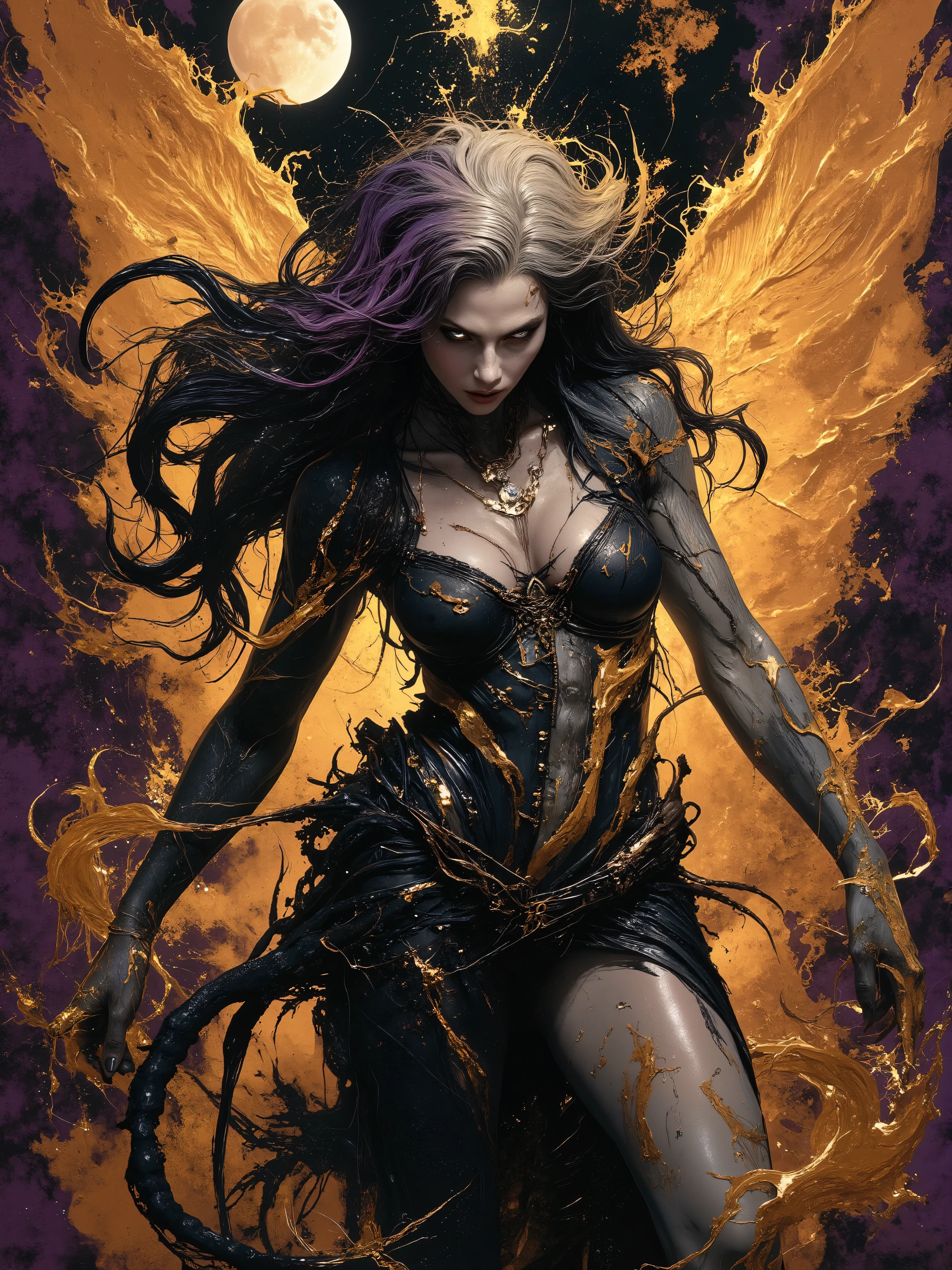 I want to create a tableau dedicated to portraying Lilith, queen of demons, first wife of Adam, first succubus. masterpiece. best quality. Full body shot, Aesthetic pose, artistic background abstract, infernal. Hellscspe in vivid dark brown and white colors, perfect anatomy, light brown skin, blue and brown hair and radiant malevolent eyes, see thru gold shift covers her large bosom and waist, beautiful cinematic impressionistic painting, dark dramatic character, tattoos of demonic script all over body, sinister beauty, shapely tall figure, curvy lush body, young looking 20 year old demon queen dark circles under eyes, surrounded by white flames that protect her,vein the style of jeremy mann and charles dana gibson, mark demsteader, paul hedleyw