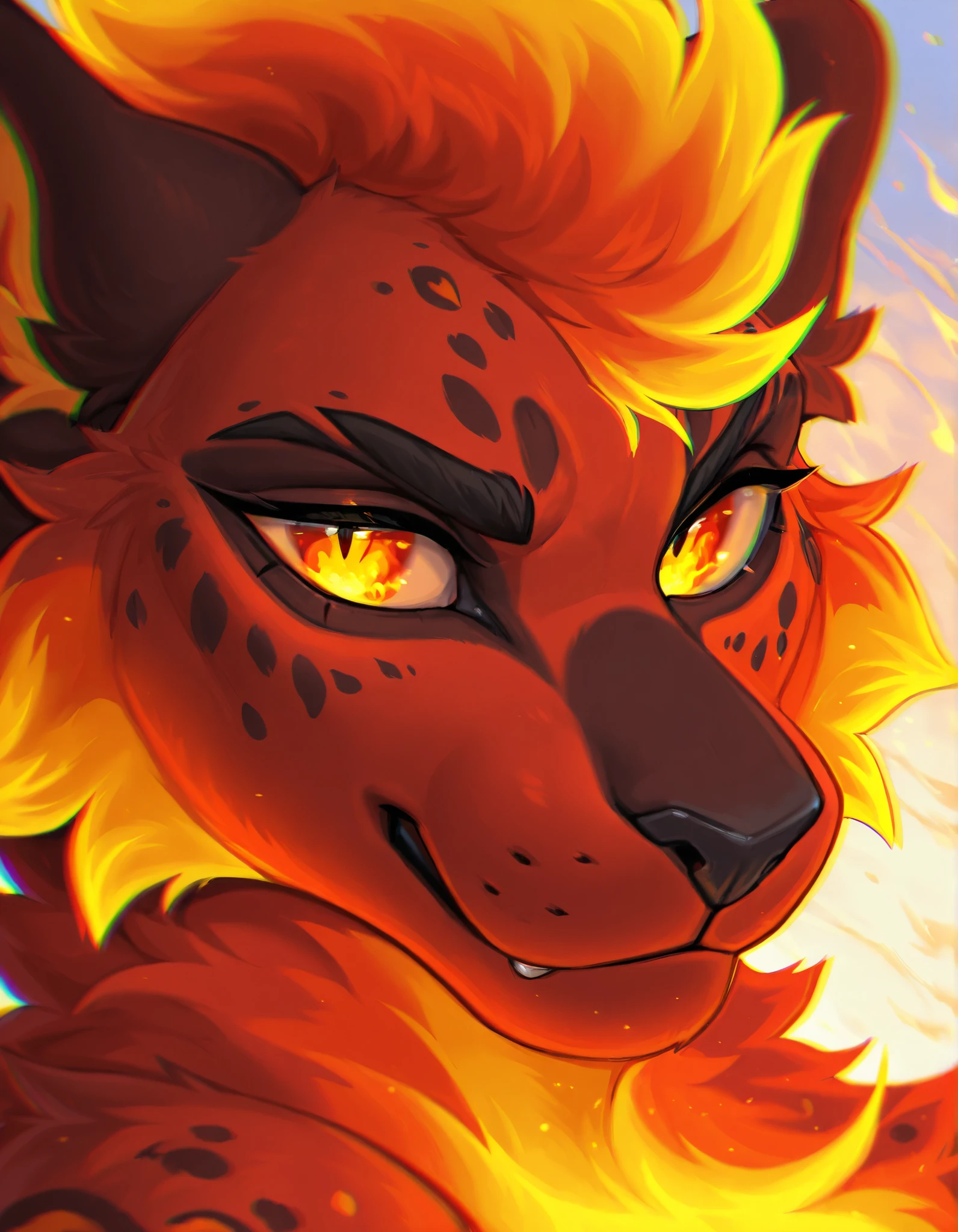 flame fur, body is made out of flames, fire fur, anthro jaguar, close up ,furry anthro, exuding heat, heatwaves, detailed eyes, chromatic aberration,