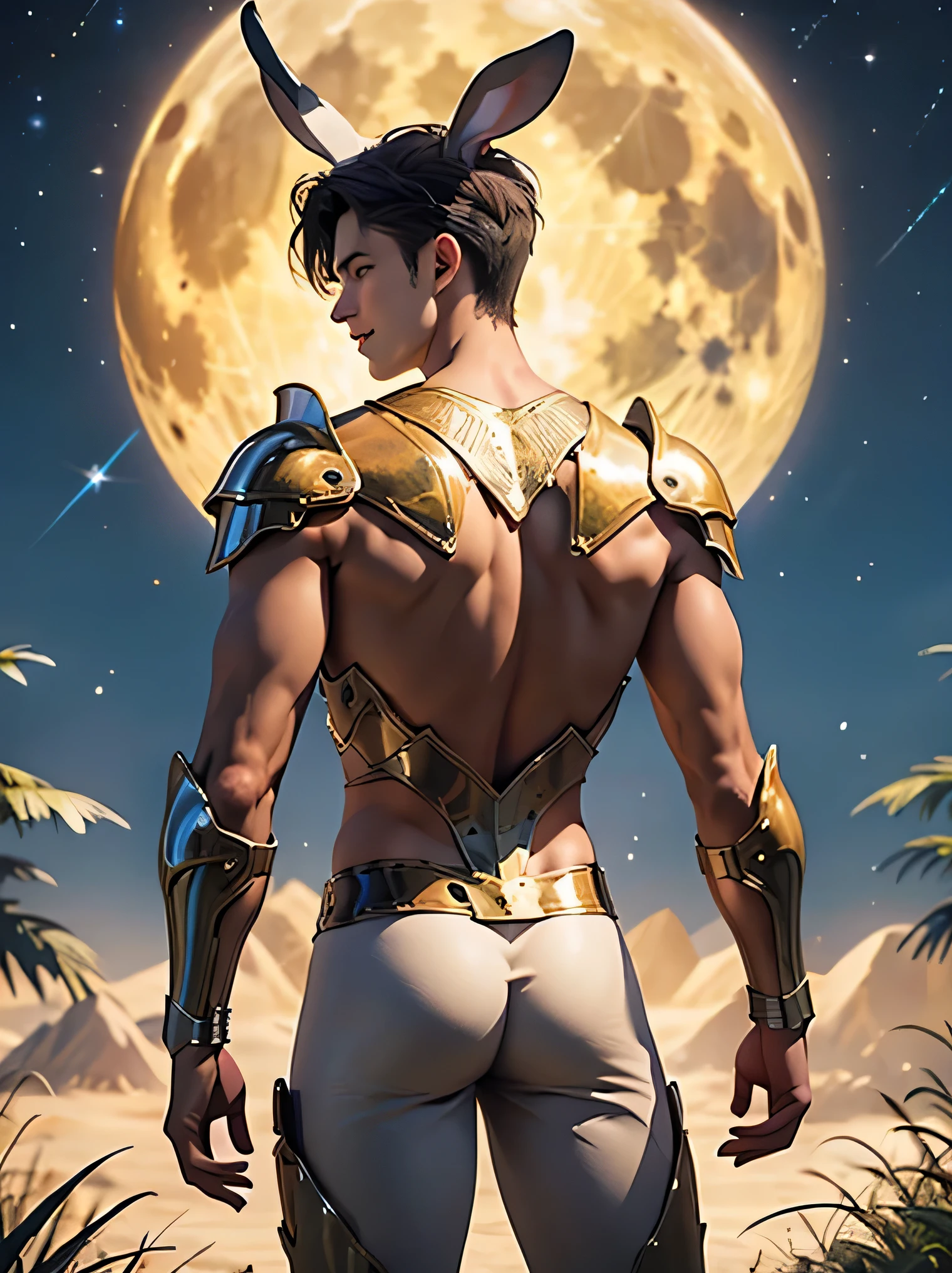 Handsome guy with rabbit ears Man Two short hair dark haired full nude Wear Rabbit-Eared Helmets upper body armor only 2 men line up with a smile lower body nude and t-back armor oversized full moon and starry sky Metal T-back Take a look at your butt sticking out of ass 下半身ヌード Handsome guy with rabbit ears
