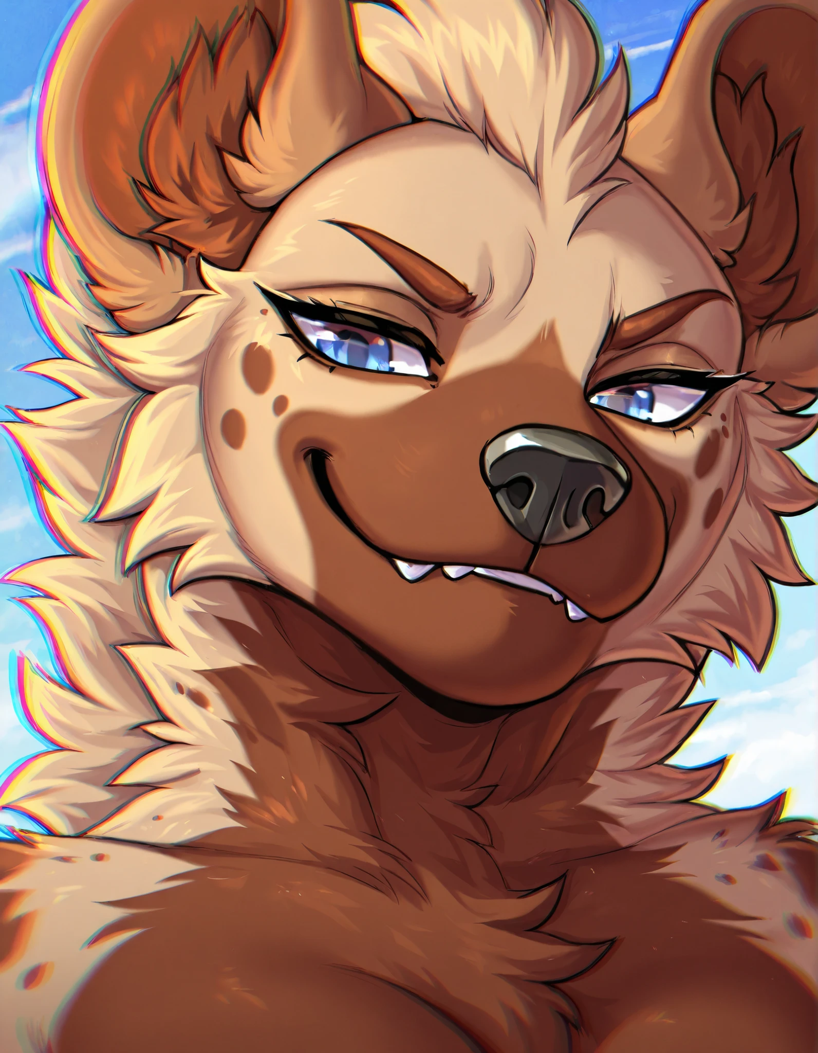 body is made out of chrome, chrome fur, anthro hyena, close up ,furry anthro, exuding heat, heatwaves, detailed eyes, chromatic aberration,