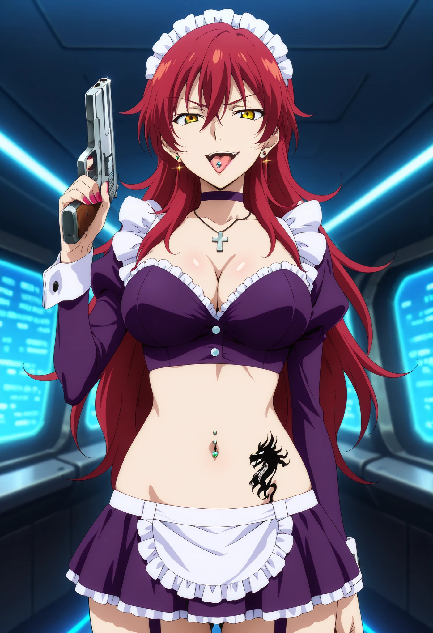 score_9,score_8_up,score_7_up,score_6_up,score_5_up,score_4_up,anime coloring BREAK source_anime,anime,nena,1girl,solo,yellow eyes,red hair,very long hair,pink pilot suit,,spacecraft,,nail polish, ear piercing, long hair, lipstick,Hot girl, baddie, smoking, sensual, attractive ,cross necklace, choker,tongue piercing ,tongue out, open mouth,jewelry, earrings, complex detailed background, casino environment, fancy interior environment,
rich interior, masterpiece, best quality, highly detailed, a girl in maid uniforms, holding pistol, maid
outfit, cleavage, evil smile, smile, open mouth ,official artwork, (nsfw) not safe for work, beautiful maid
girl, , micro skirt, exposed belly, exposed navel, exposed midriff, exposed lower belly, holding a gun, , ar
navel piercing,, medium large Breasts, dragon tattoo on waist, narrowed eyes, tattoo on waist,, anipai_style , anime screencap , anime coloring,,v-shape eyebrows